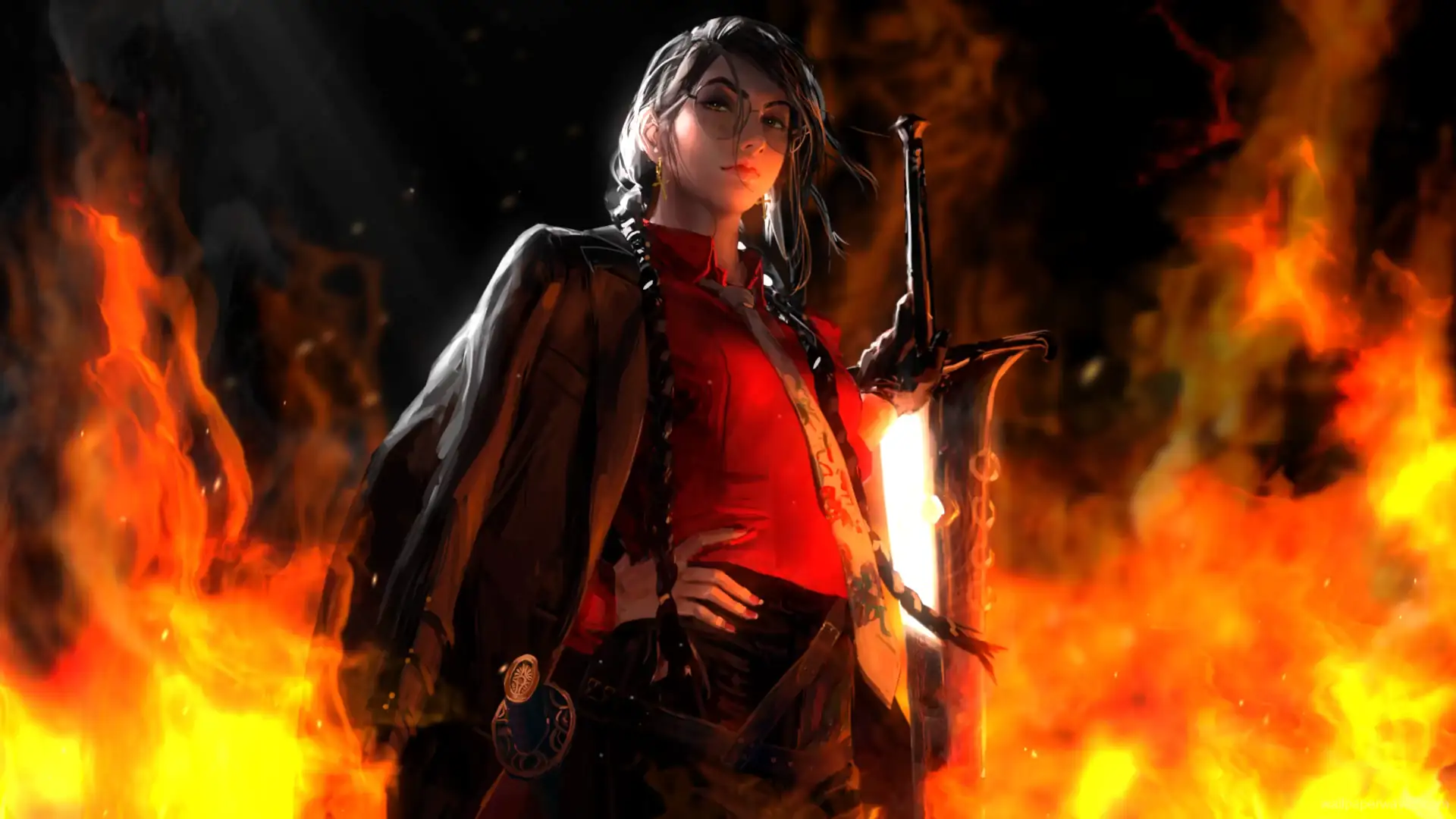 Animated female warrior holding a sword in a mystical fantasy setting.