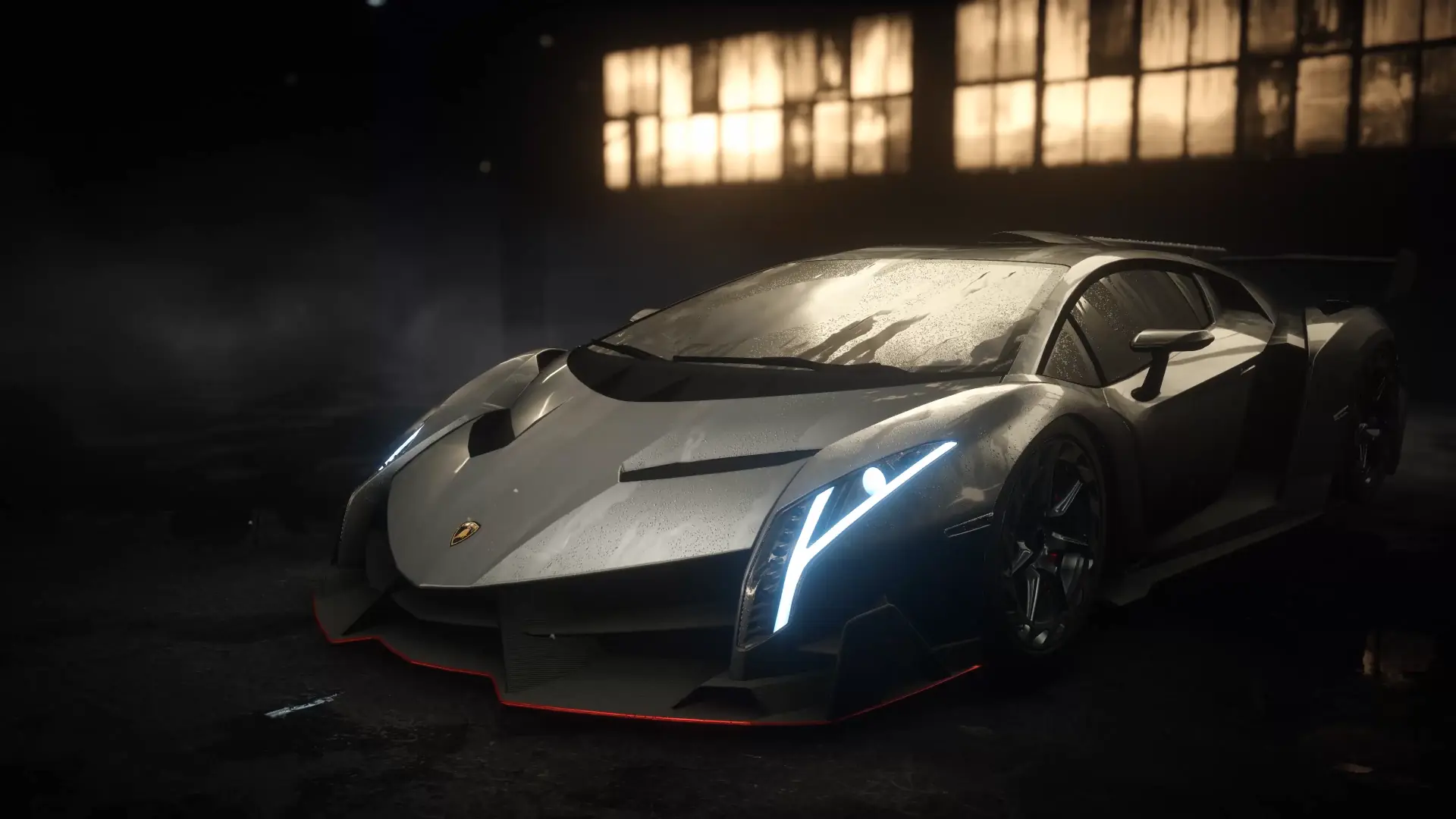 Lamborghini Veneno speeding through a neon-lit futuristic city at night, showcasing glowing red taillights, aerodynamic curves, and a cyberpunk skyline reflected on its black carbon-fiber body.