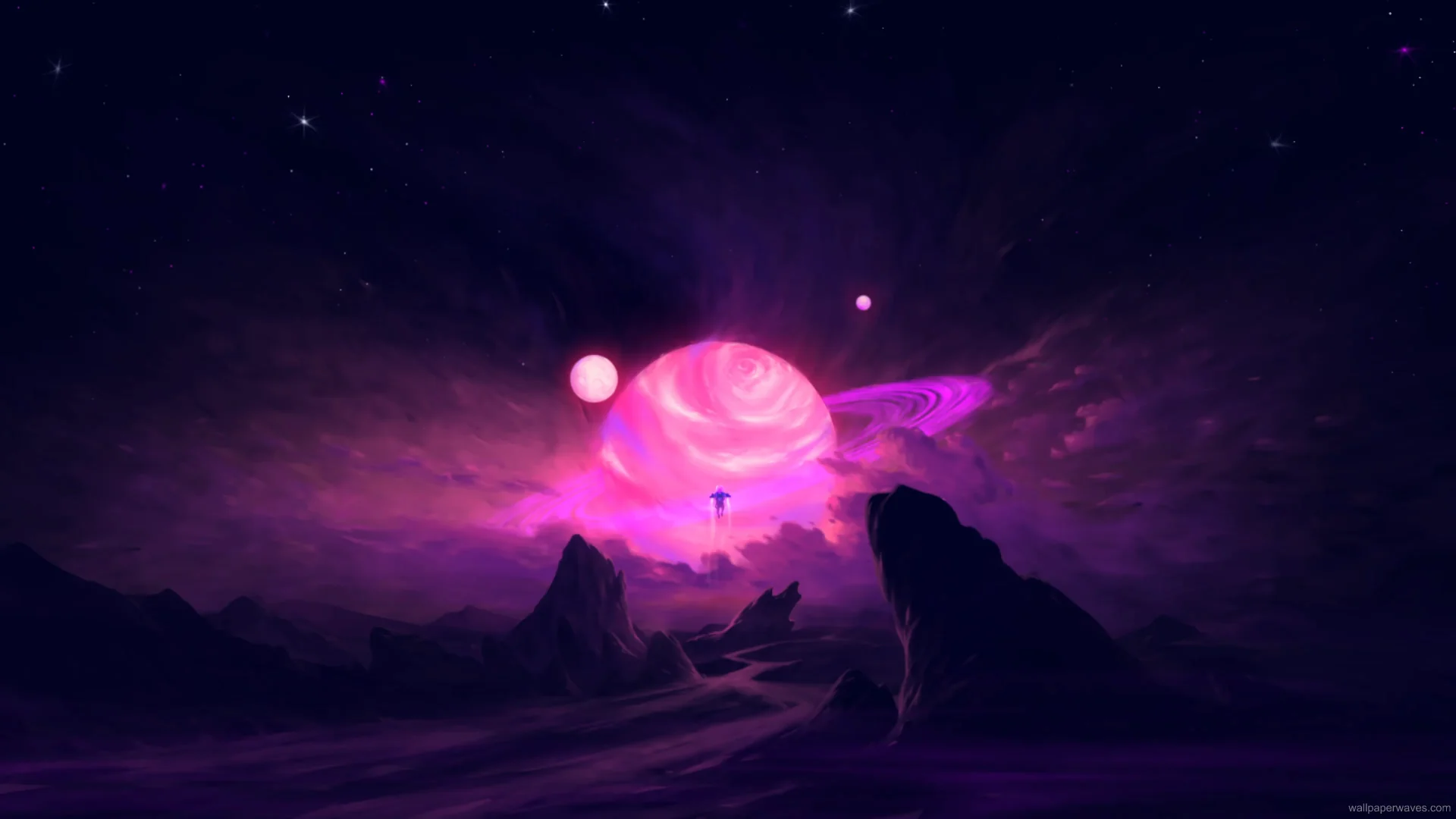 Lone figure beneath a glowing celestial body in a violet-hued sci-fi landscape.
