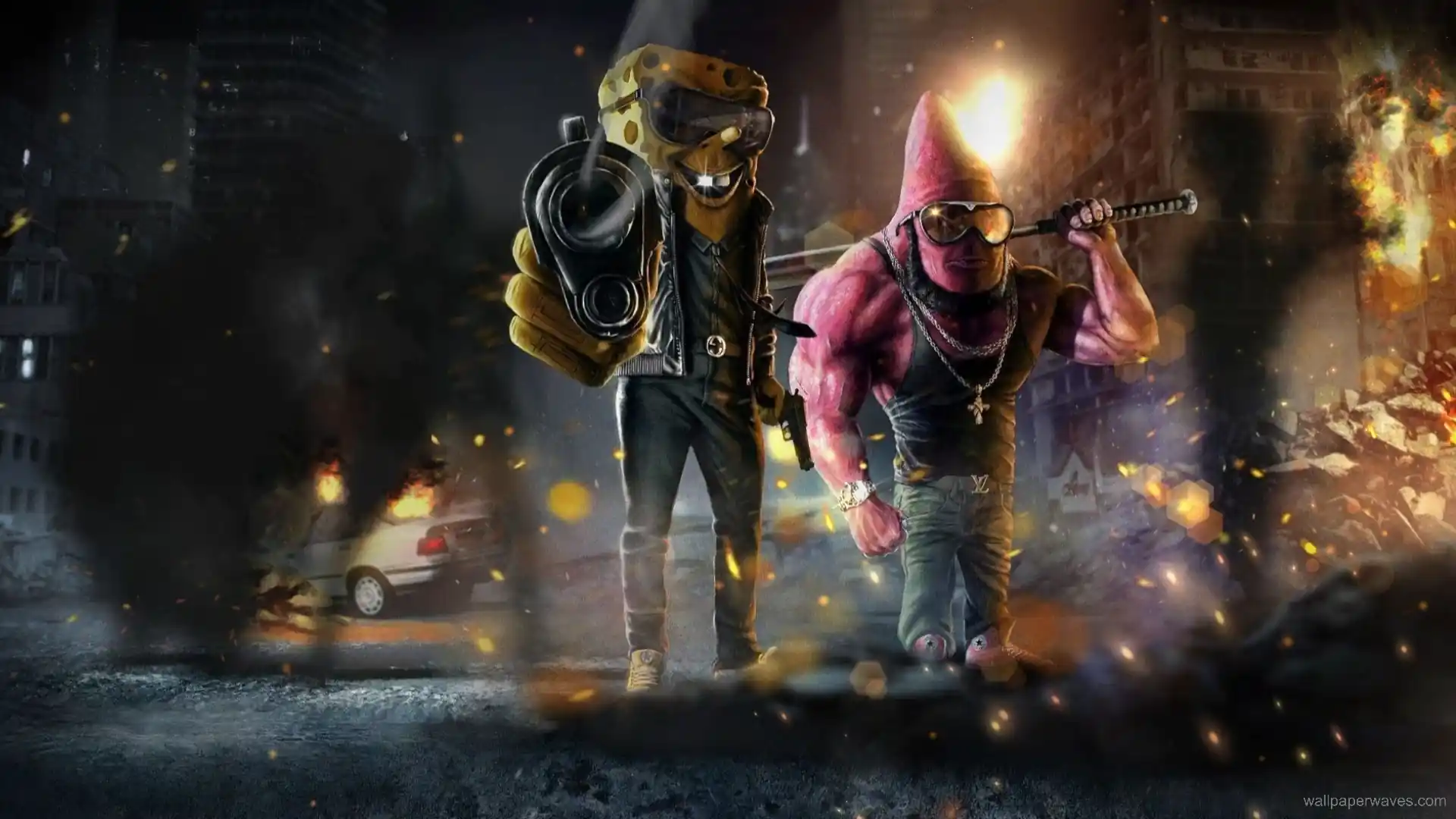 Animated scene of stylized SpongeBob and Patrick dressed in urban attire, parodying gangster personas, set against a gritty city background.