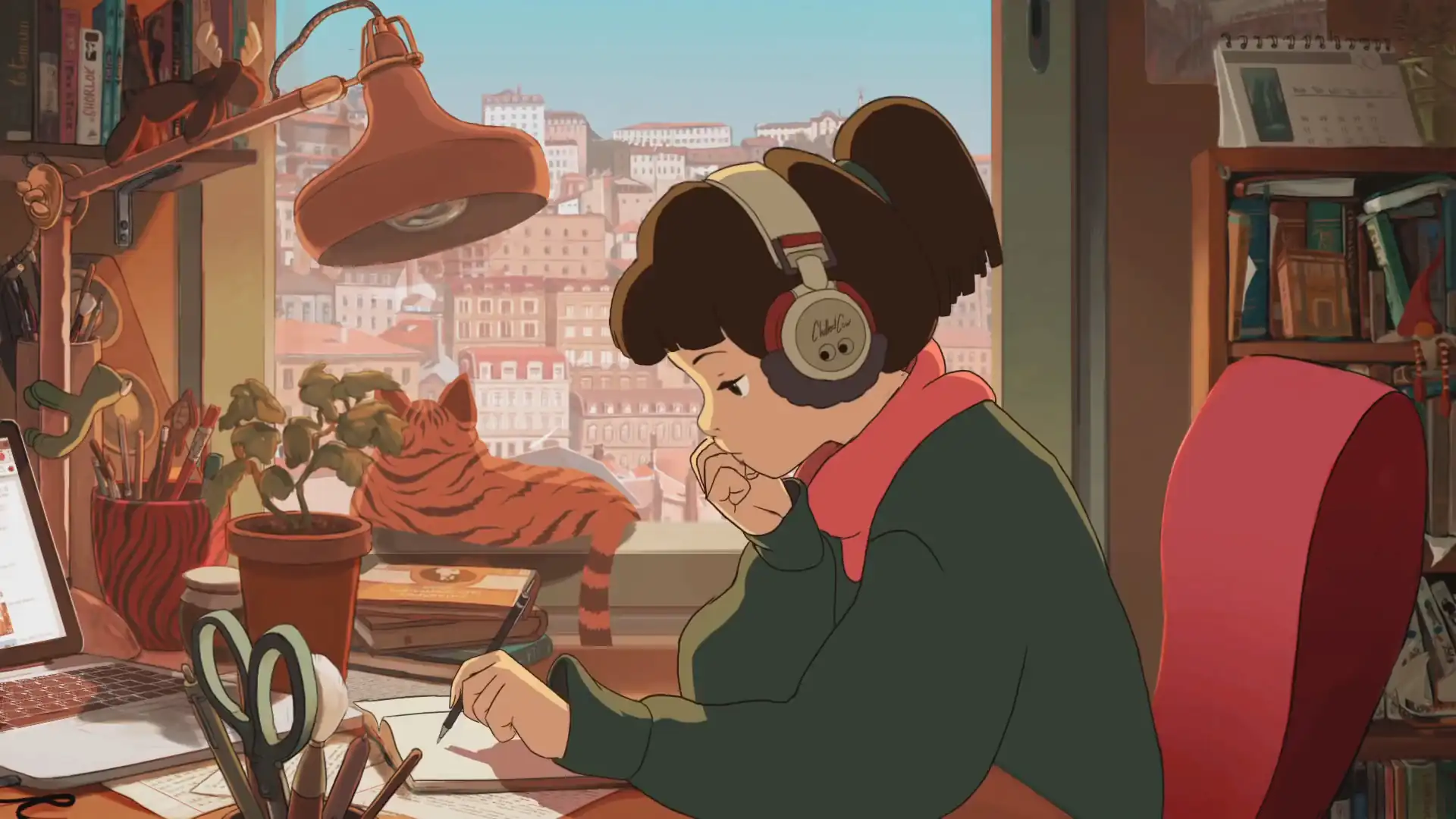 Animated depiction of the LoFi Girl studying at her desk with headphones on, set against a cozy room backdrop.