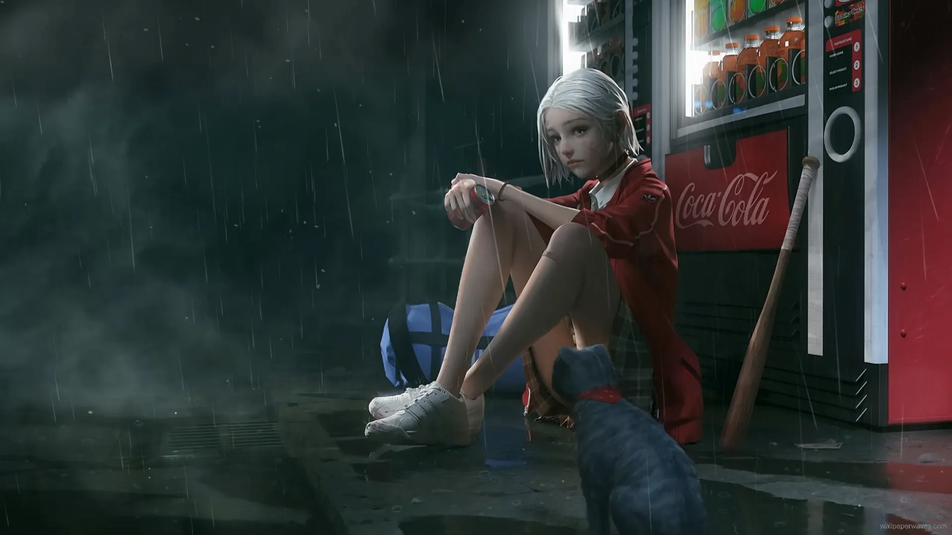 Solitary figure sitting by a vending machine on a rainy Tokyo night with neon reflections and a stray cat nearby, live wallpaper