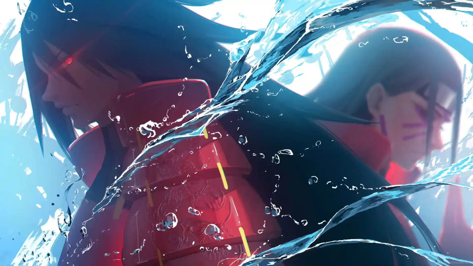 Madara Uchiha and Hashirama Senju engaged in an intense battle amidst a stormy battlefield.