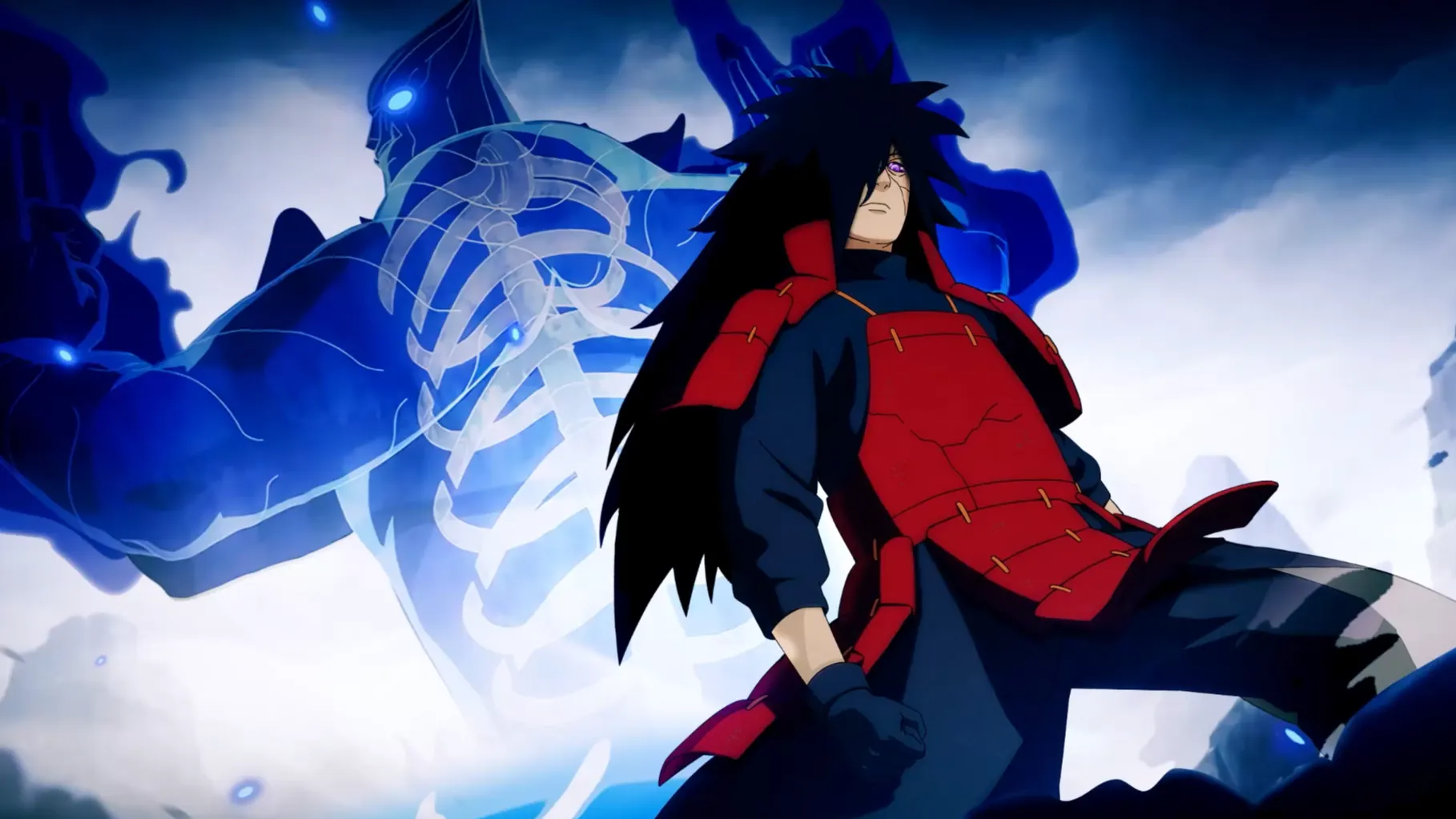 Madara Uchiha commanding his colossal Susanoo amidst a stormy battlefield, exuding unmatched power, Naruto Shippuden live wallpaper