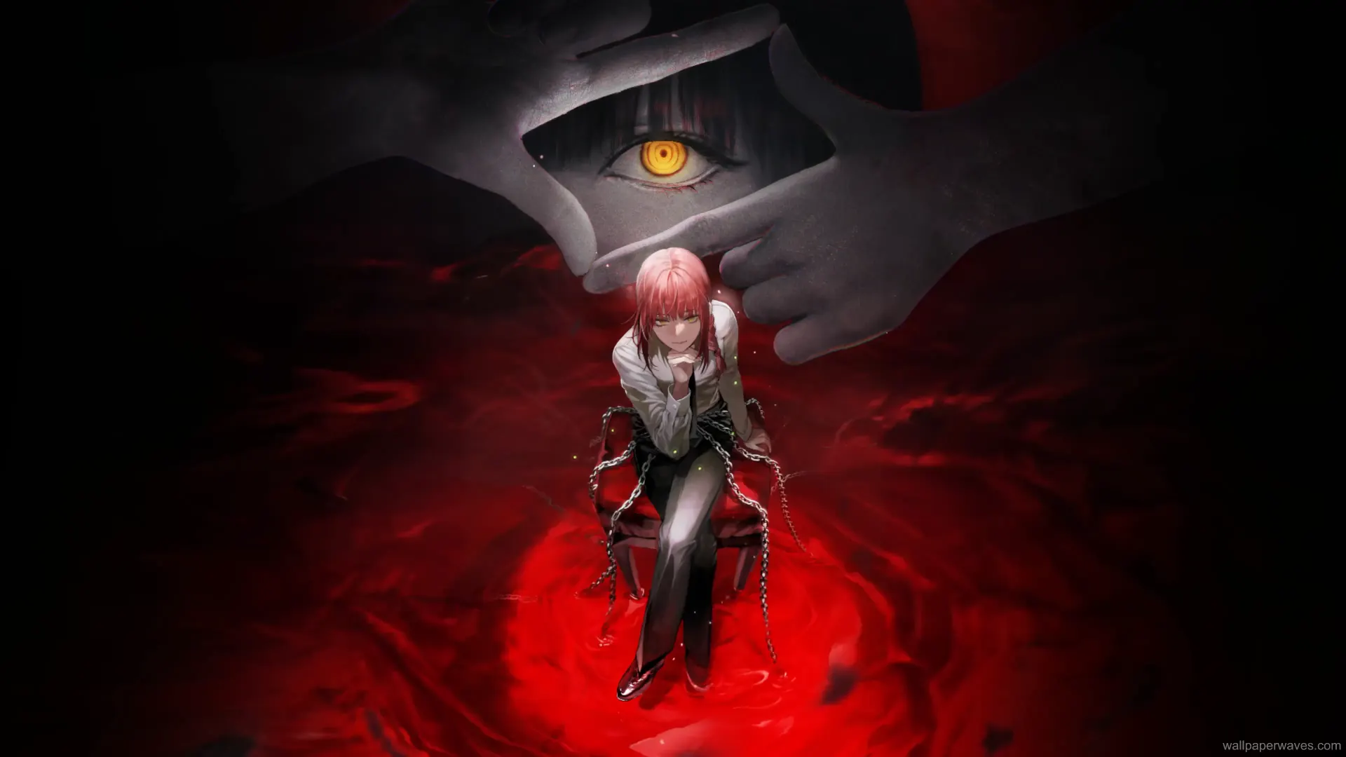 Animated depiction of Makima from Chainsaw Man, bound in chains with a commanding expression.