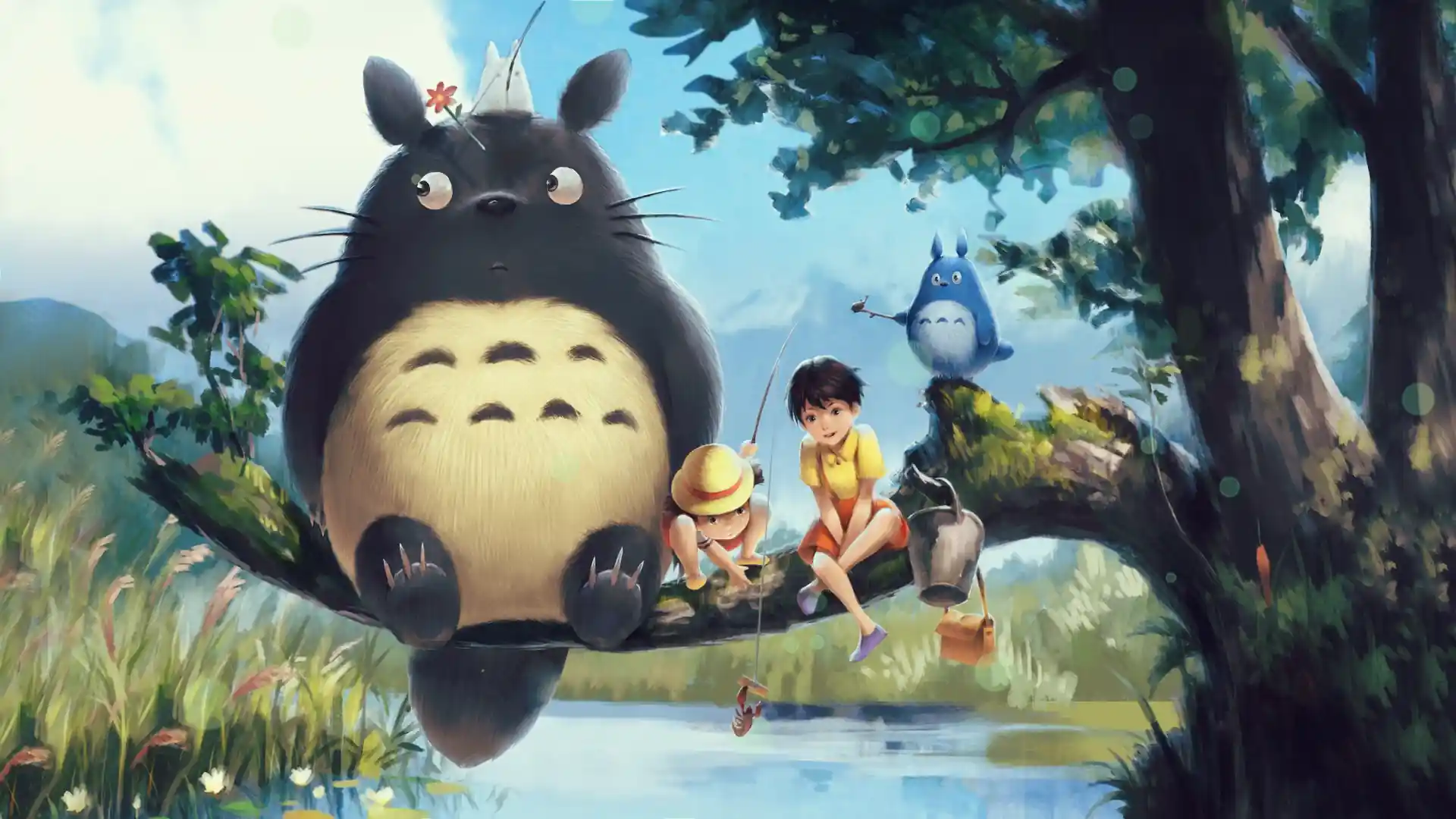 Animated depiction of Totoro from My Neighbor Totoro relaxing in a lush forest setting, capturing the film's whimsical charm.