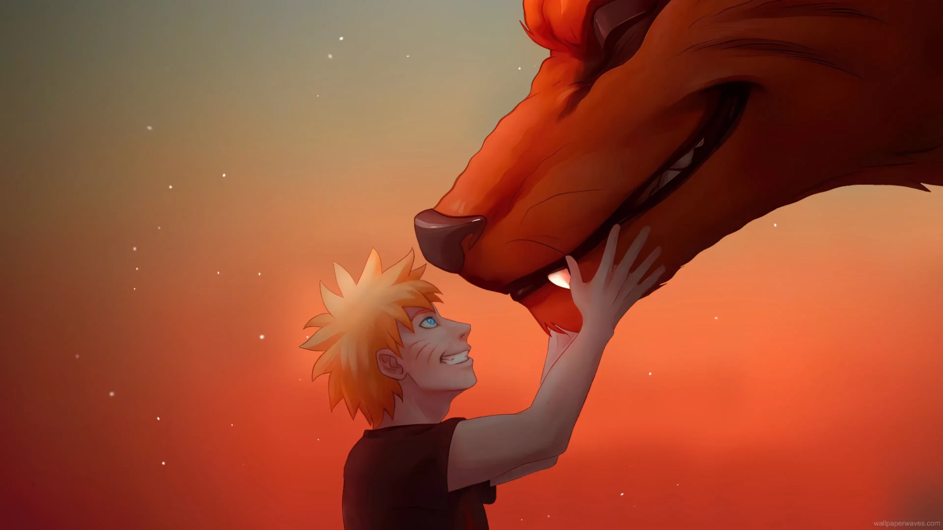 Naruto smiling warmly as he rests his hand on Kurama's nose under a glowing sunset, symbolizing deep trust, live wallpaper