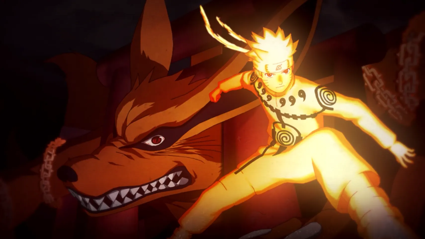 Animated scene featuring Naruto Uzumaki standing beside Kurama, the Nine-Tailed Fox, with swirling chakra energy in the background.