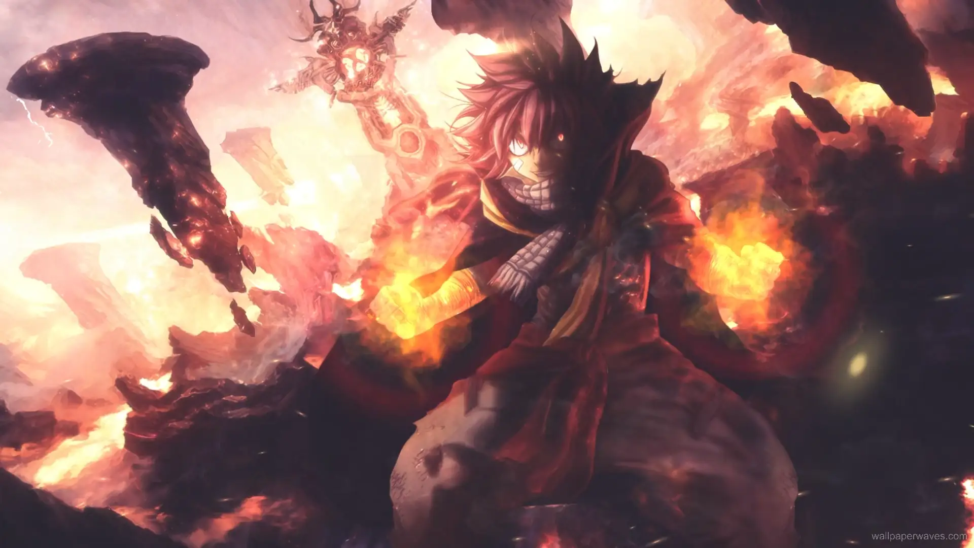 Animated depiction of Natsu Dragneel from Fairy Tail, engulfed in flames with a determined expression.