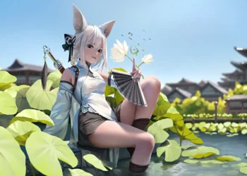 Neko Anime Girl in Lotus Pond Live Wallpaper