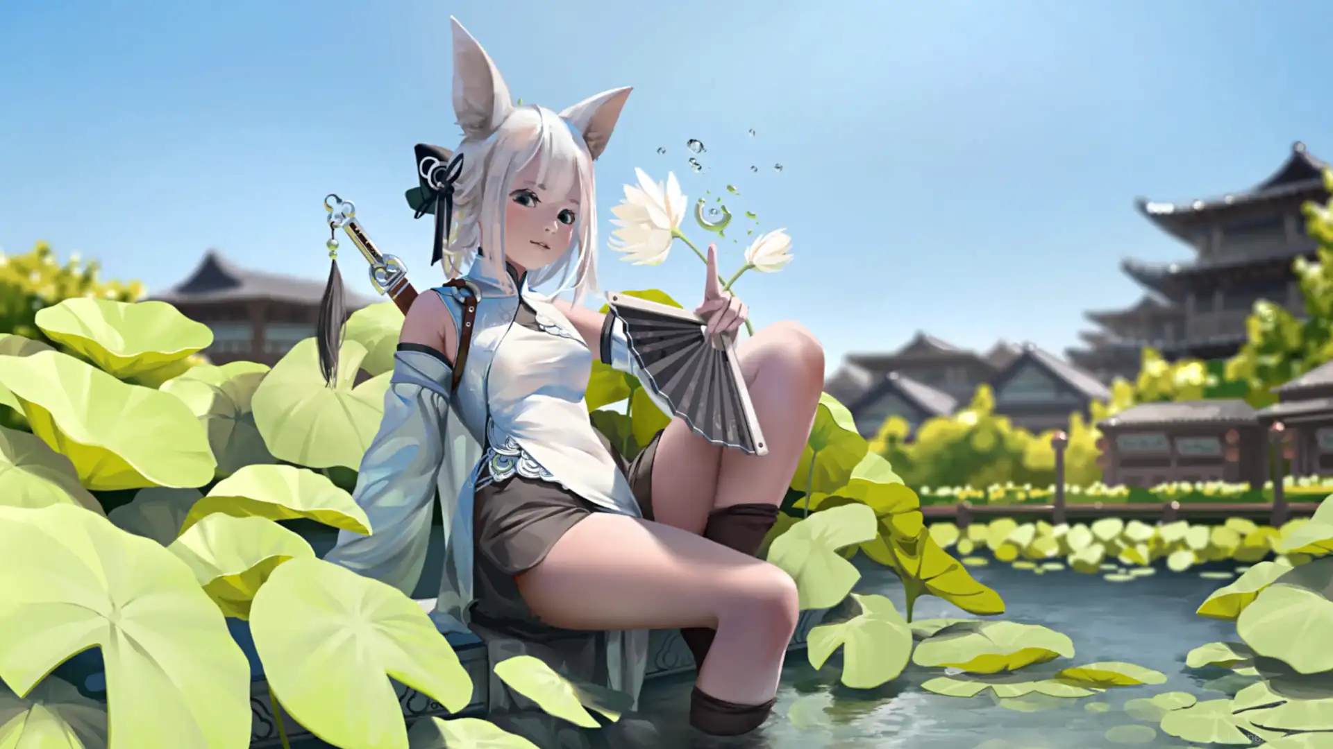 Anime-style neko girl with white hair sitting in a lotus pond surrounded by blooming flowers and calm water reflections