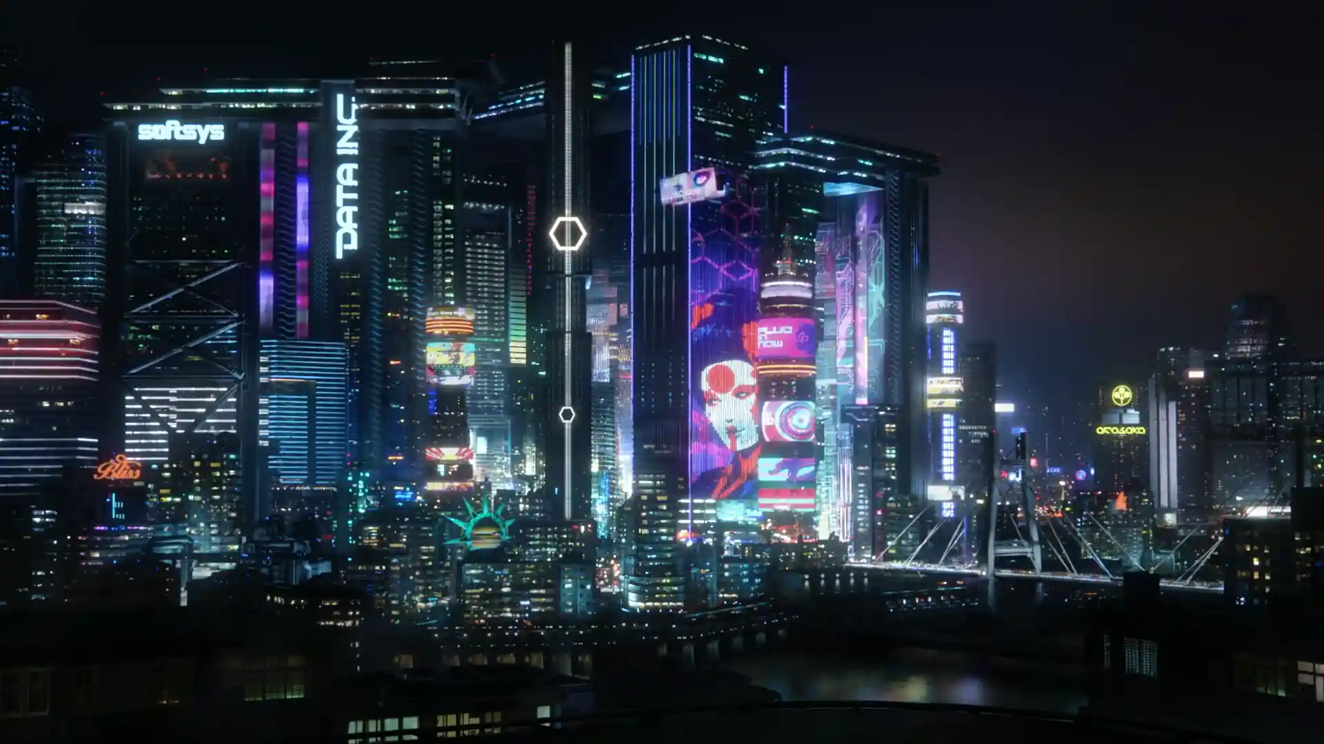 Night City skyline from Cyberpunk 2077, illuminated by neon lights and futuristic architecture.