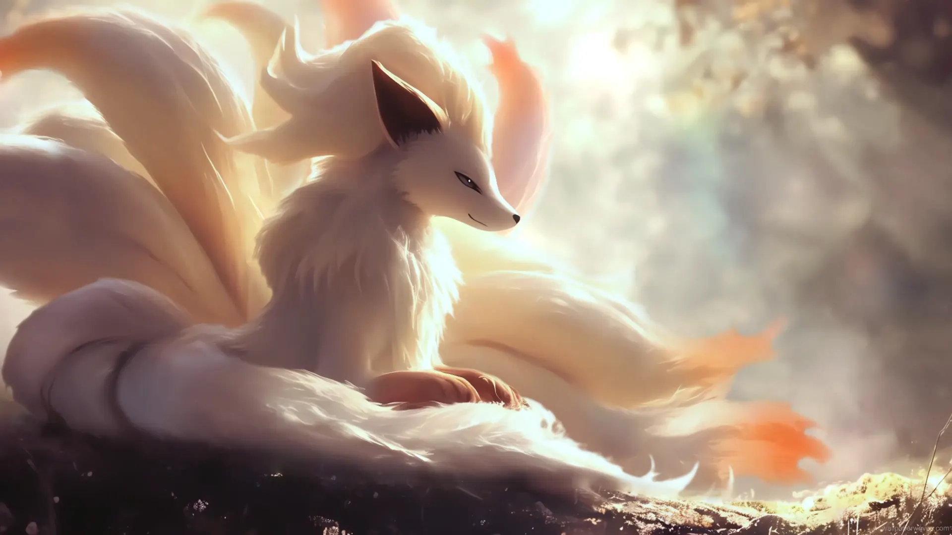 Ninetales standing elegantly in a sun-dappled forest, its nine golden tails flowing gracefully, surrounded by gentle breezes, live wallpaper
