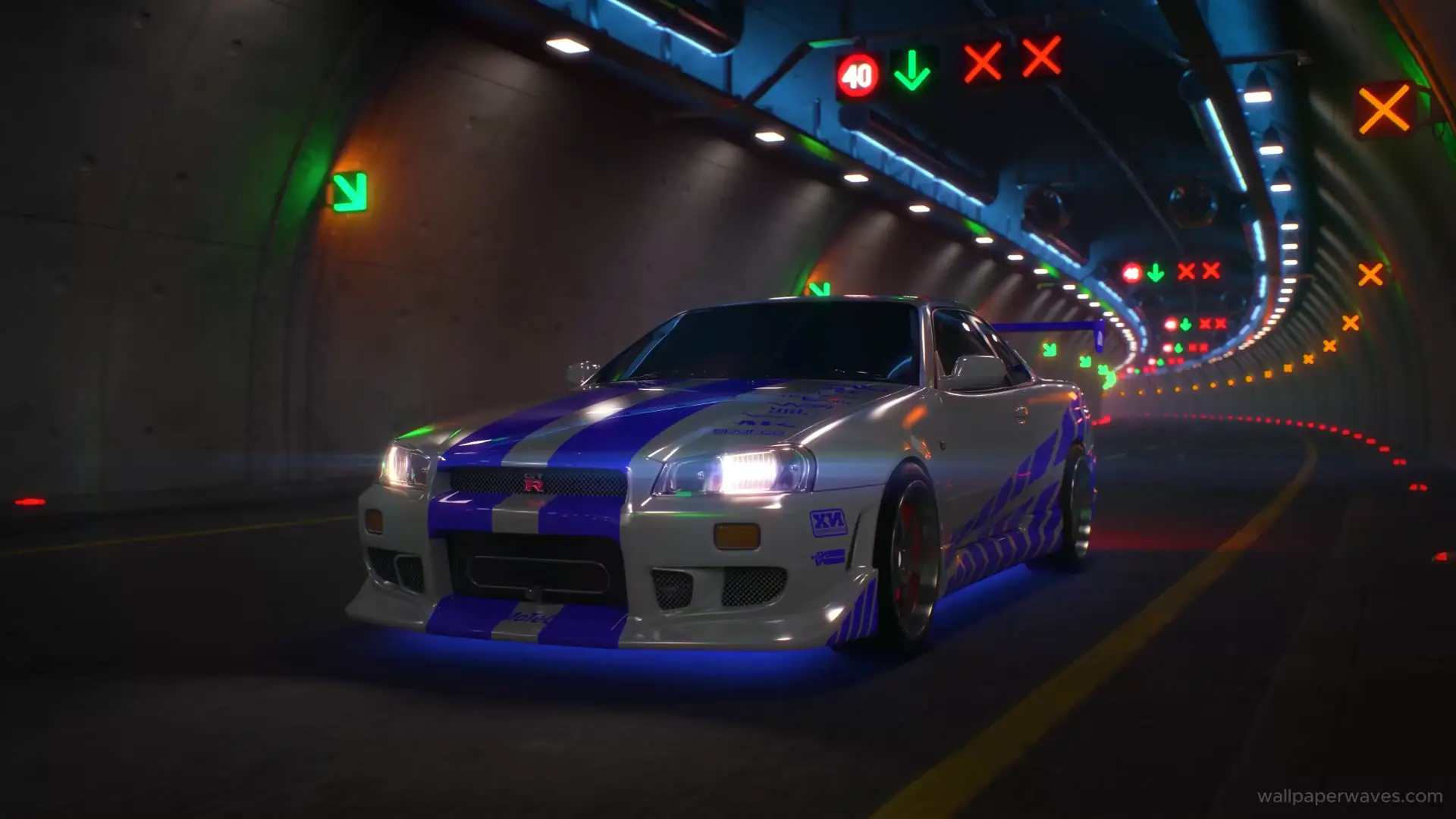 Animated Nissan Skyline GTR R34 driving through a neon-lit cityscape at night.