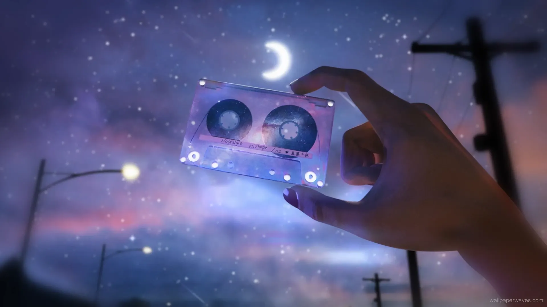 Animated depiction of a cassette tape floating in a neon-lit cosmic background, blending retro and futuristic elements.