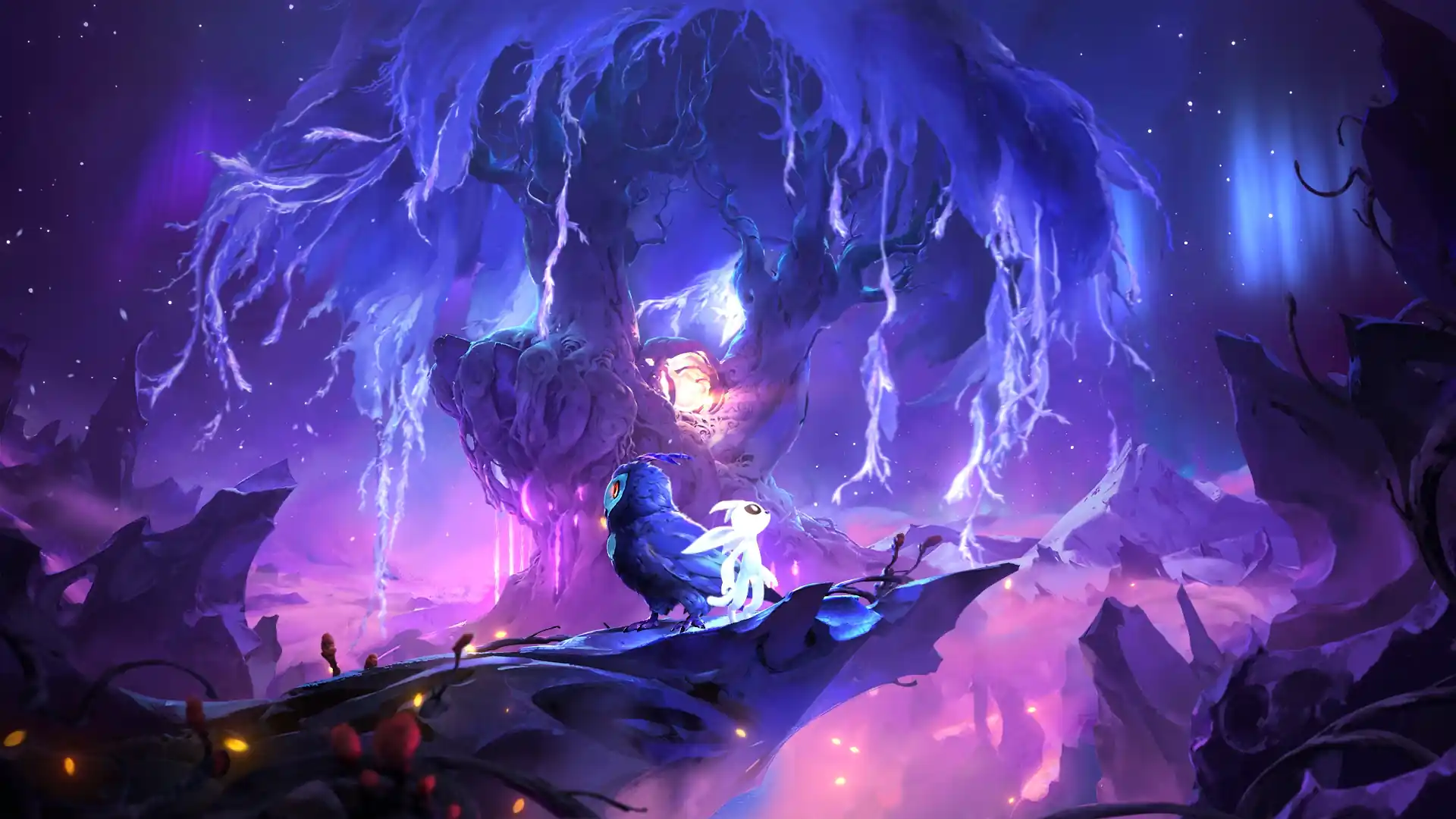 Animated depiction of Ori, the luminous guardian spirit, navigating a mystical forest with glowing flora and ancient trees.