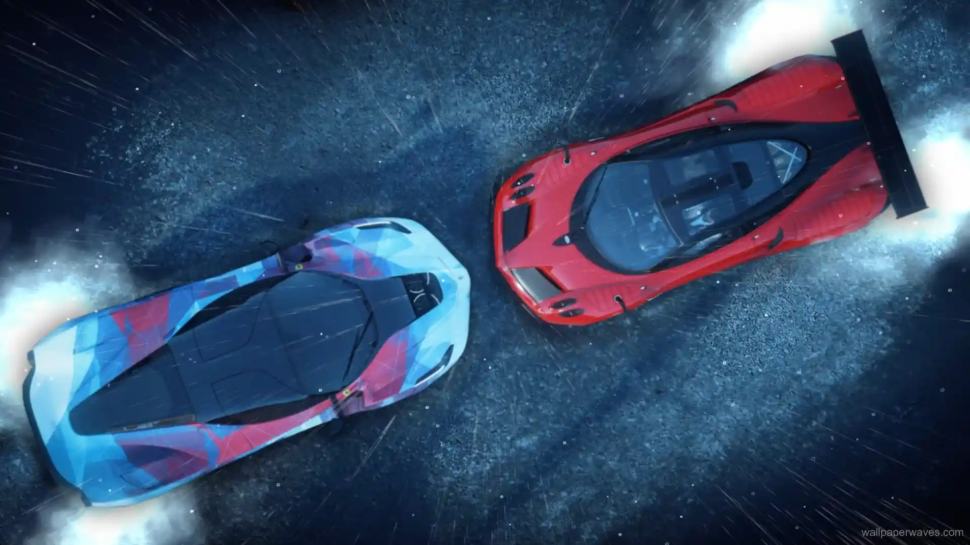 Animated depiction of a Pagani Huayra and a Ferrari side by side on a sleek surface.