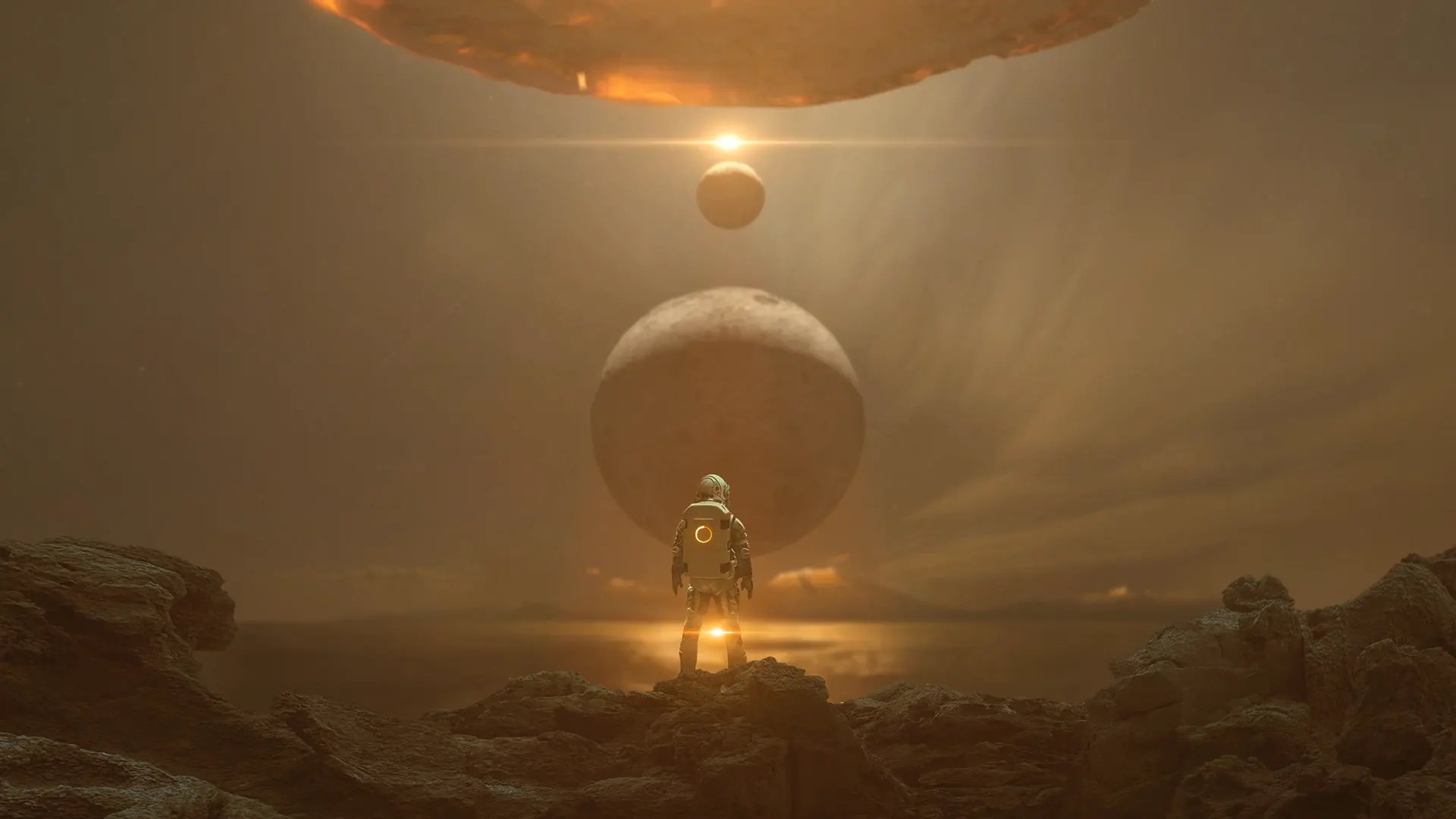Animated depiction of an astronaut observing the collapse of a planet, set against a cosmic backdrop.
