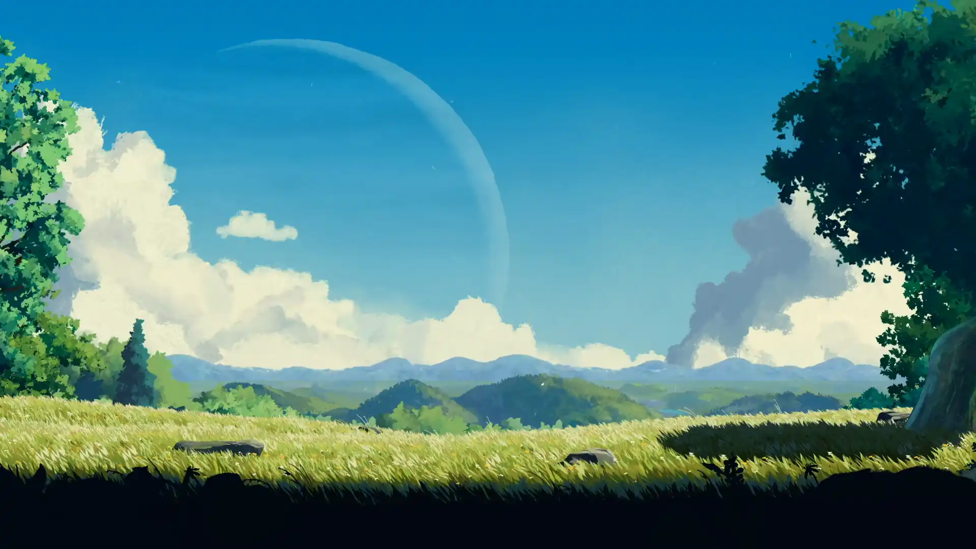 Animated depiction of a serene landscape from Planet of Lana, featuring rolling green fields, a vast sky, and a distant planet on the horizon.