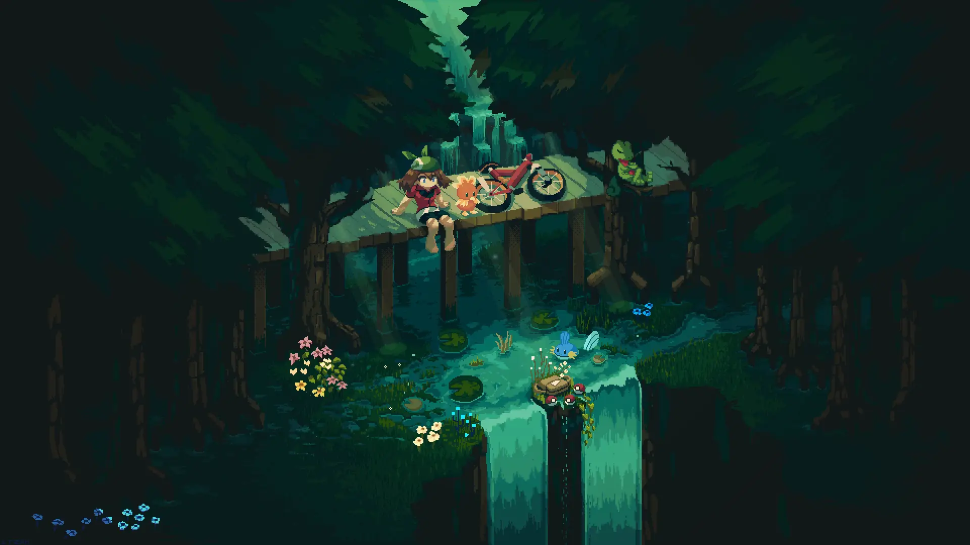 Animated pixel art depiction of a tranquil forest scene with a cascading waterfall, inspired by Pokémon Emerald.