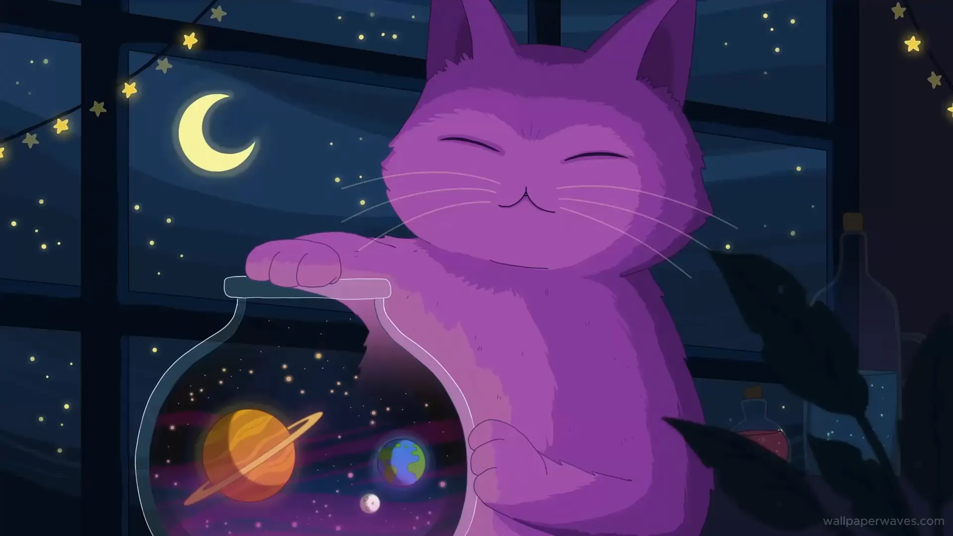 Animated depiction of a purple cat gazing into a multiverse of swirling galaxies and vibrant planets, set against a cosmic backdrop.
