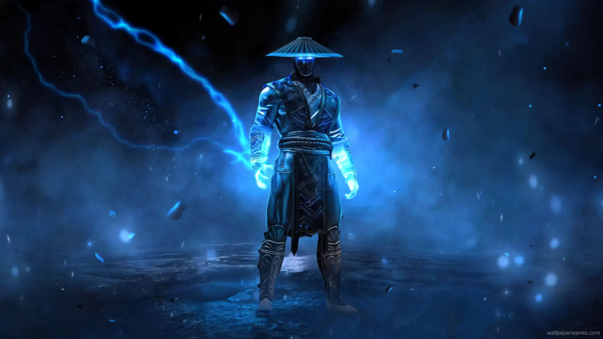 Animated depiction of Raiden from Mortal Kombat, surrounded by lightning in a stormy environment.