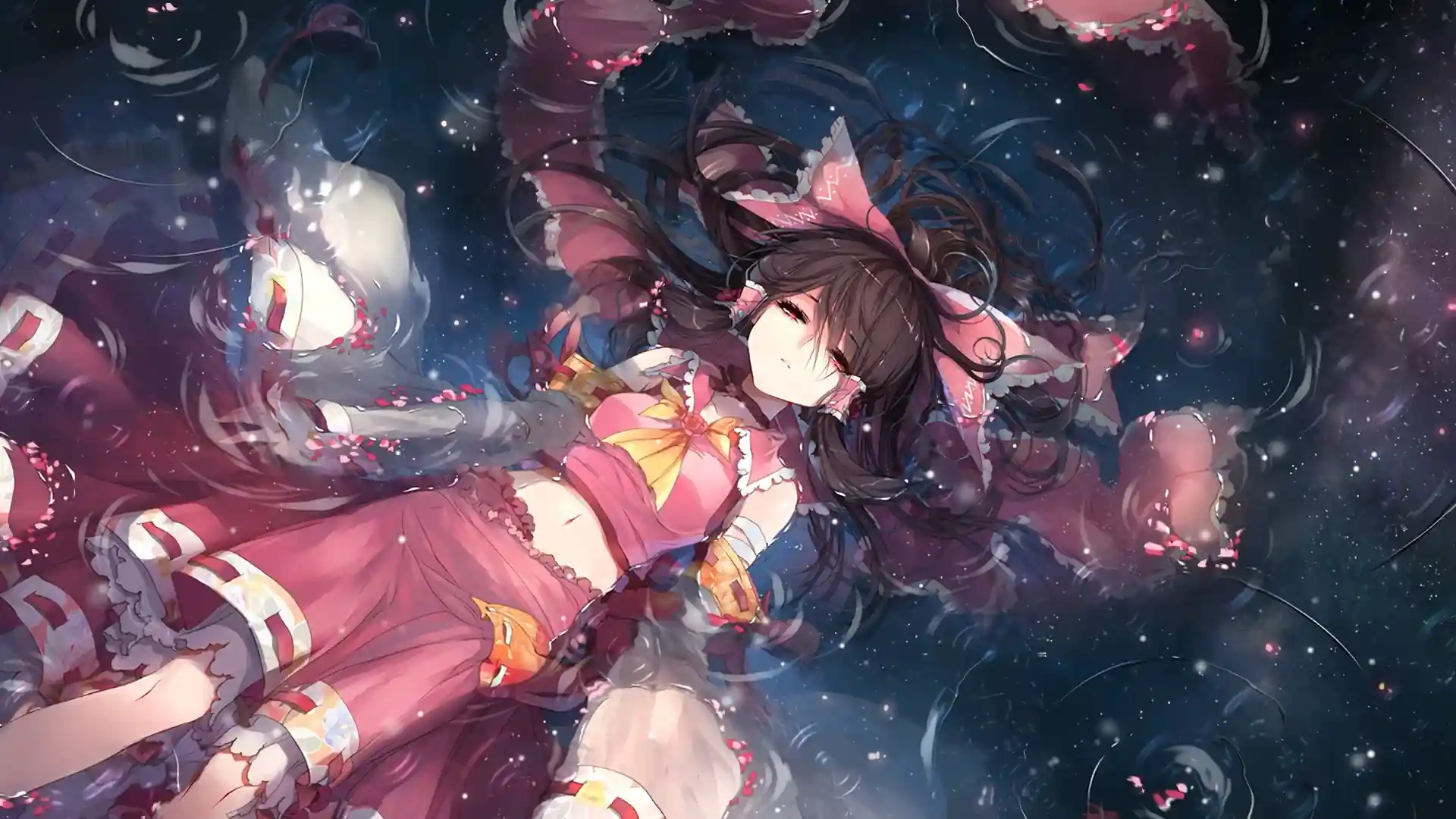 Animated depiction of Reimu Hakurei holding an umbrella or standing in the rain, illuminated by soft lantern light in a serene fantasy setting.