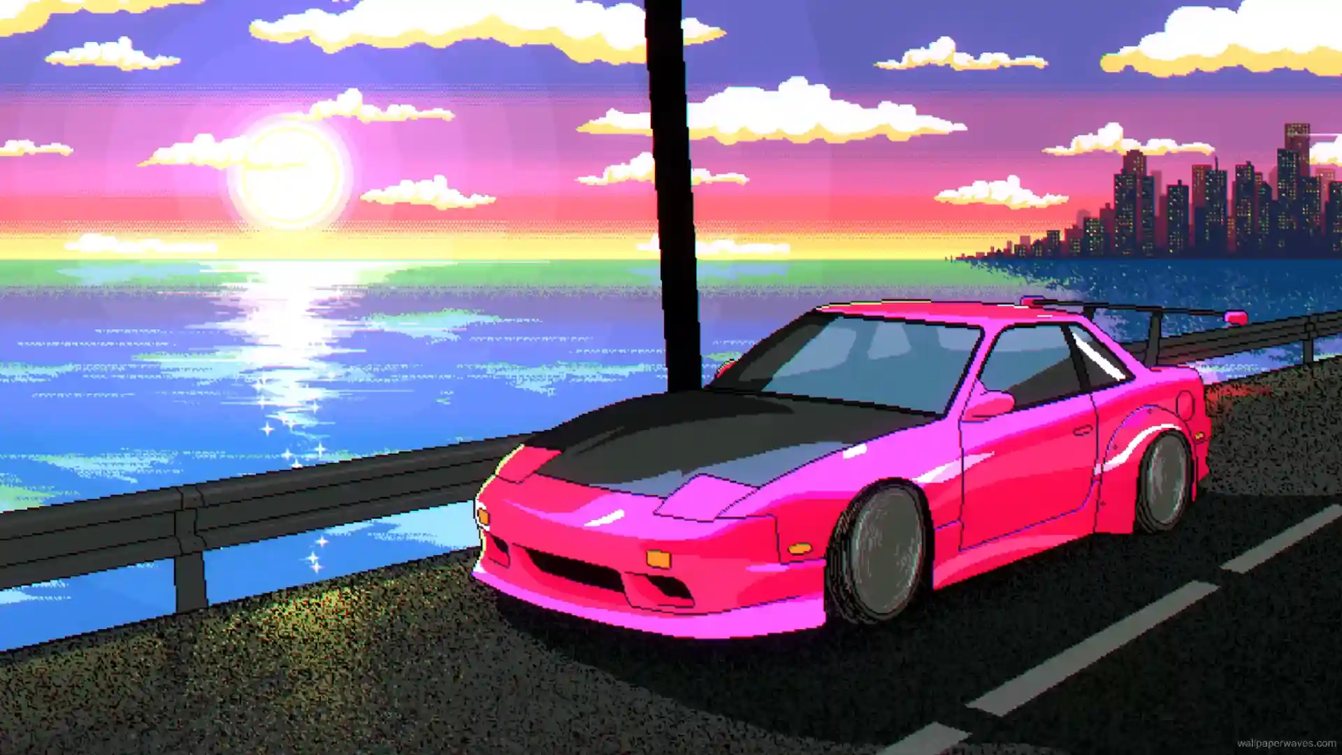 Nissan Skyline cruising along a neon-lit coastal highway under a vibrant retro sunset, retrowave live wallpaper