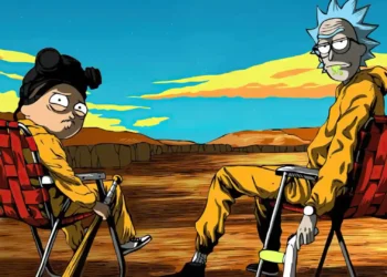 Animated Rick and Morty in hazmat suits seated in a desert landscape, referencing Breaking Bad.