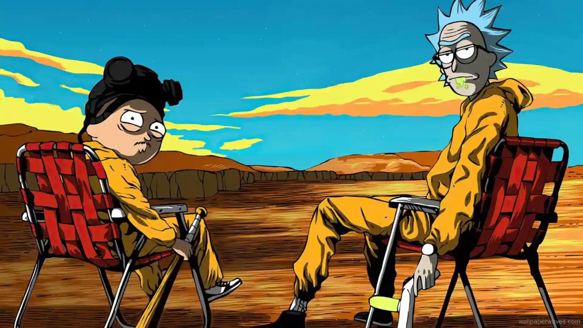 Animated Rick and Morty in hazmat suits seated in a desert landscape, referencing Breaking Bad.
