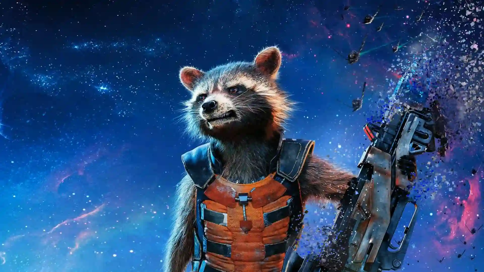 Animated depiction of Rocket Raccoon from Guardians of the Galaxy, showcasing a vibrant and action-packed scene.