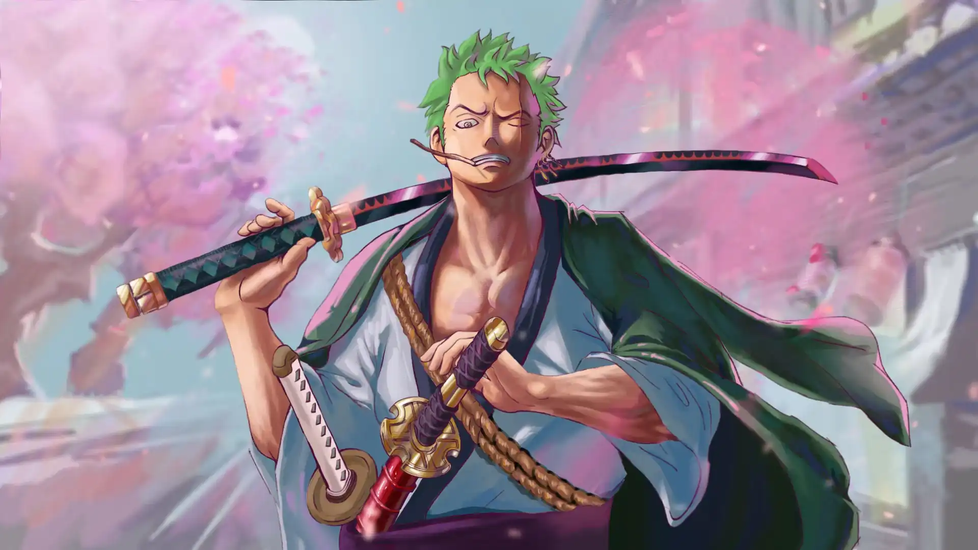 Roronoa Zoro wielding three swords in a dynamic battle stance.