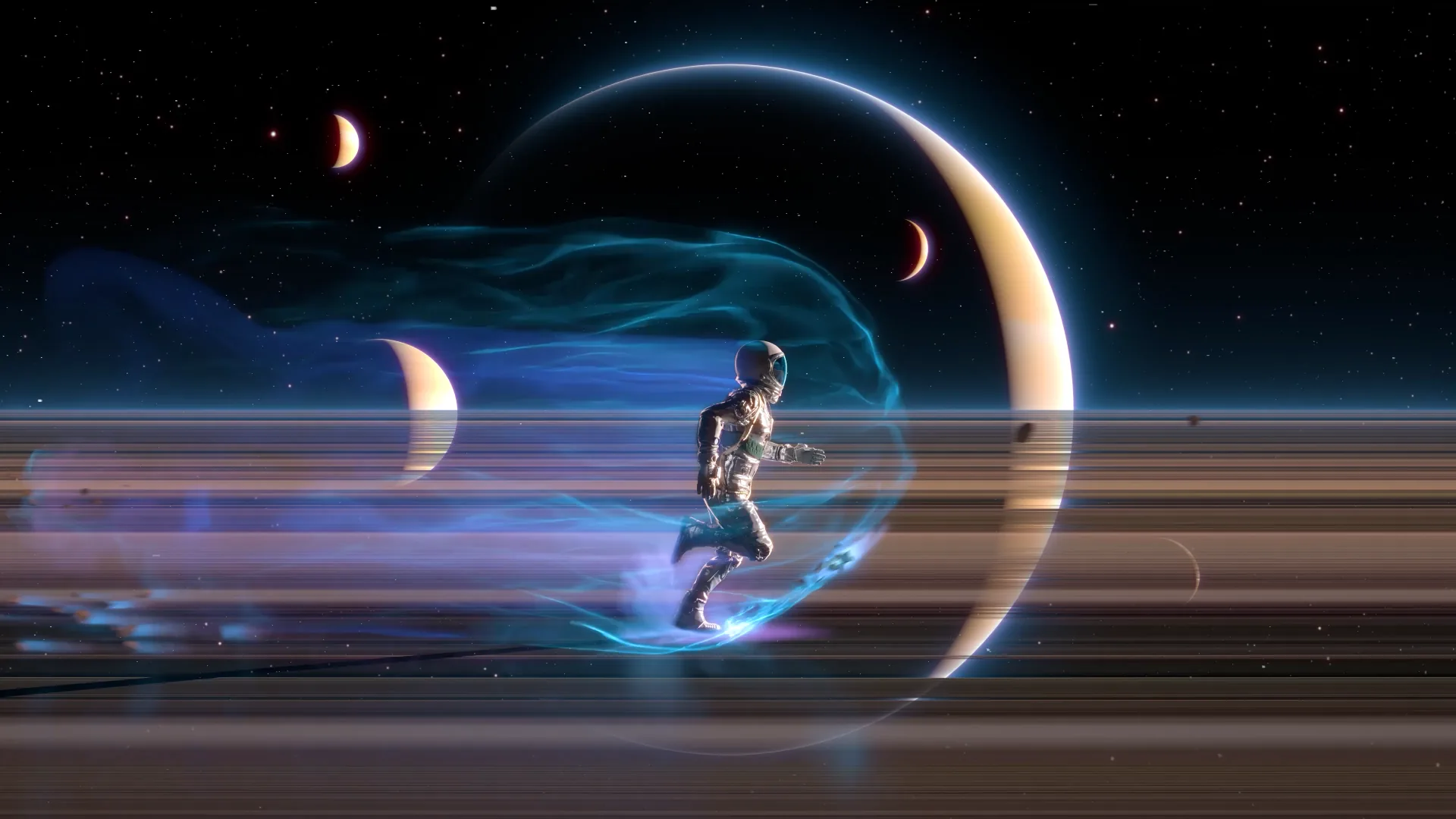 Astronaut running across the glowing rings of Saturn with stars and planets in the background, sci-fi themed live wallpaper