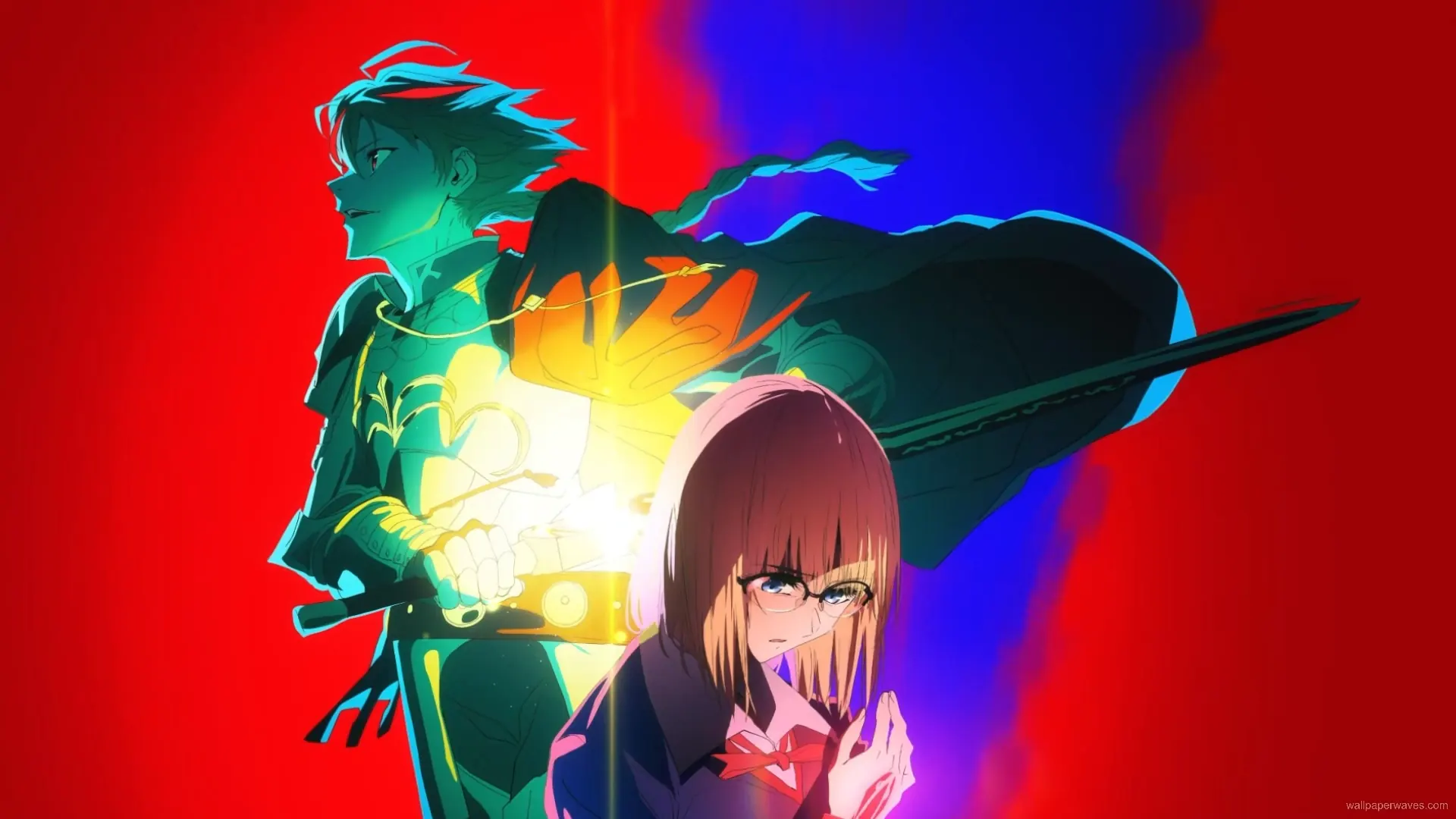 Saber and Ayaka standing together, illuminated by mystical light, amidst a backdrop of swirling energy, live wallpaper