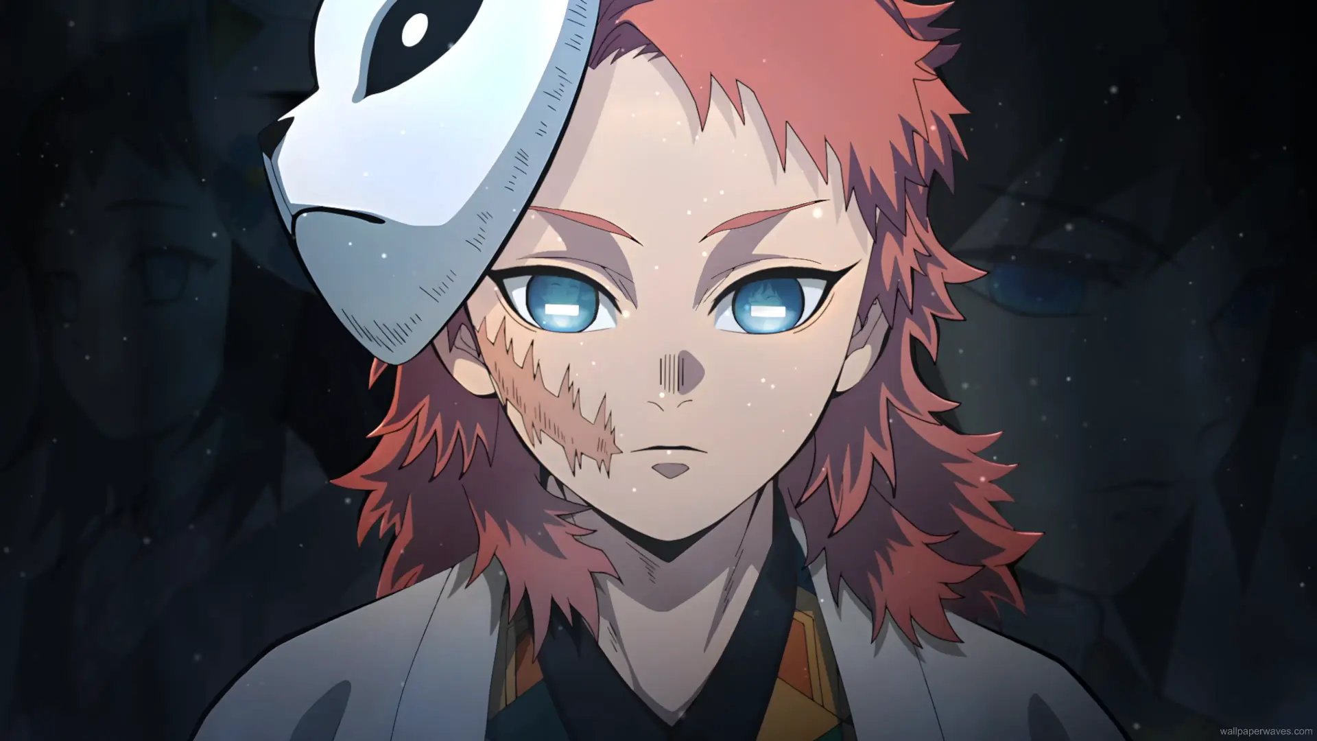 Sabito from Demon Slayer standing amidst falling snow, his fox mask partially lifted, revealing a calm and focused expression.