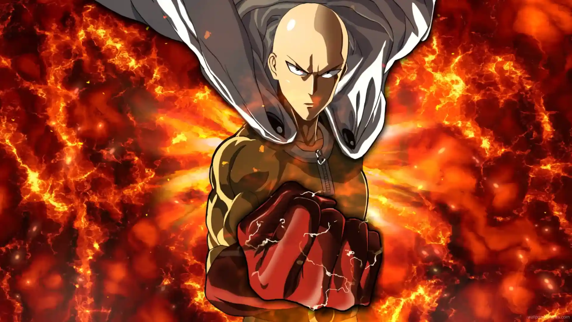 Saitama standing nonchalantly amidst a devastated battlefield with his cape fluttering and an indifferent expression, One Punch Man live wallpaper
