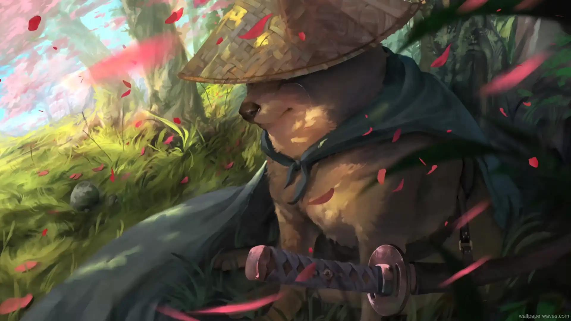 Animated Cheems dog dressed as a samurai standing under cherry blossoms.