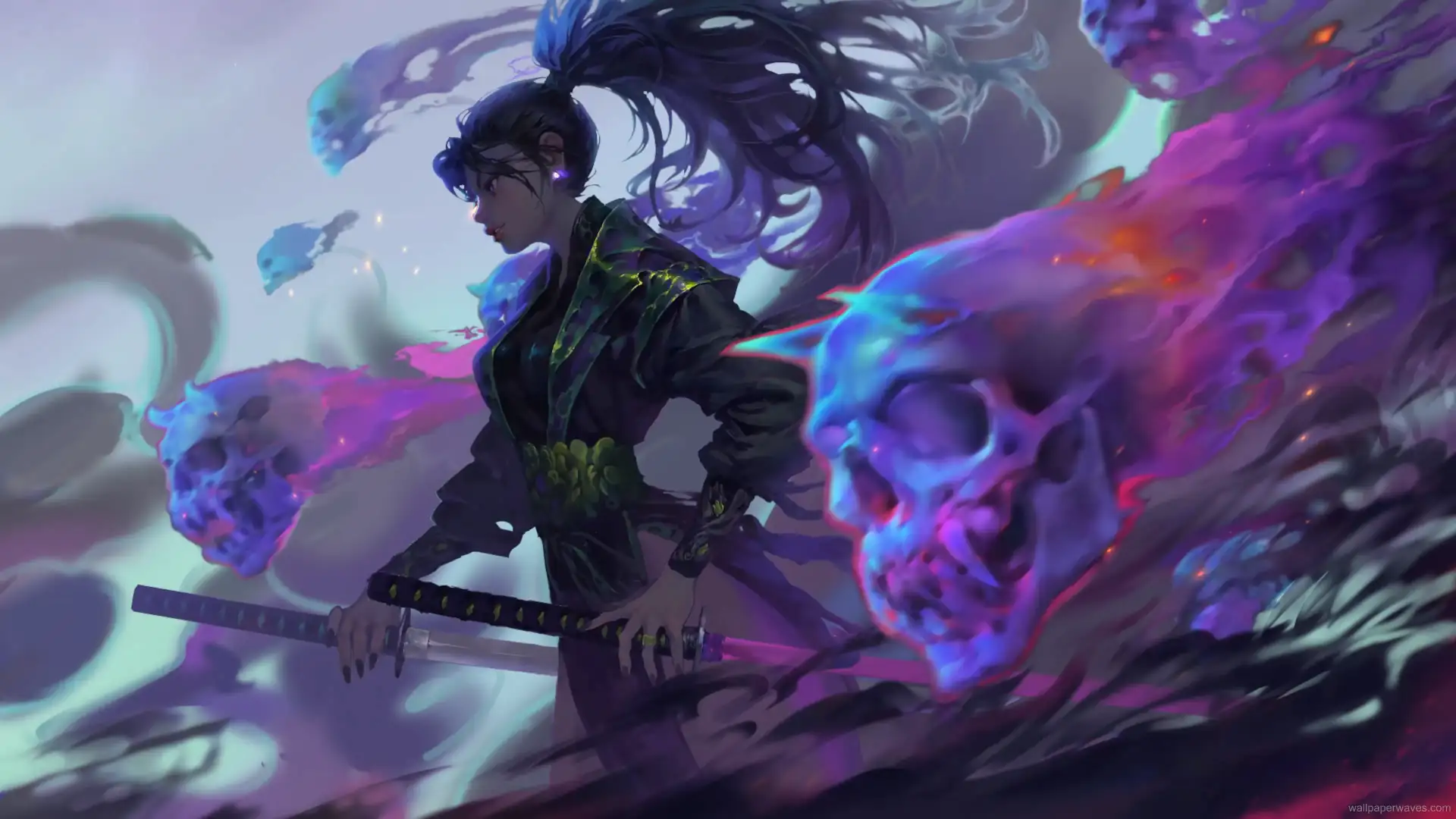 A samurai girl standing amidst swirling spirits and demon skulls, exuding strength and serenity.