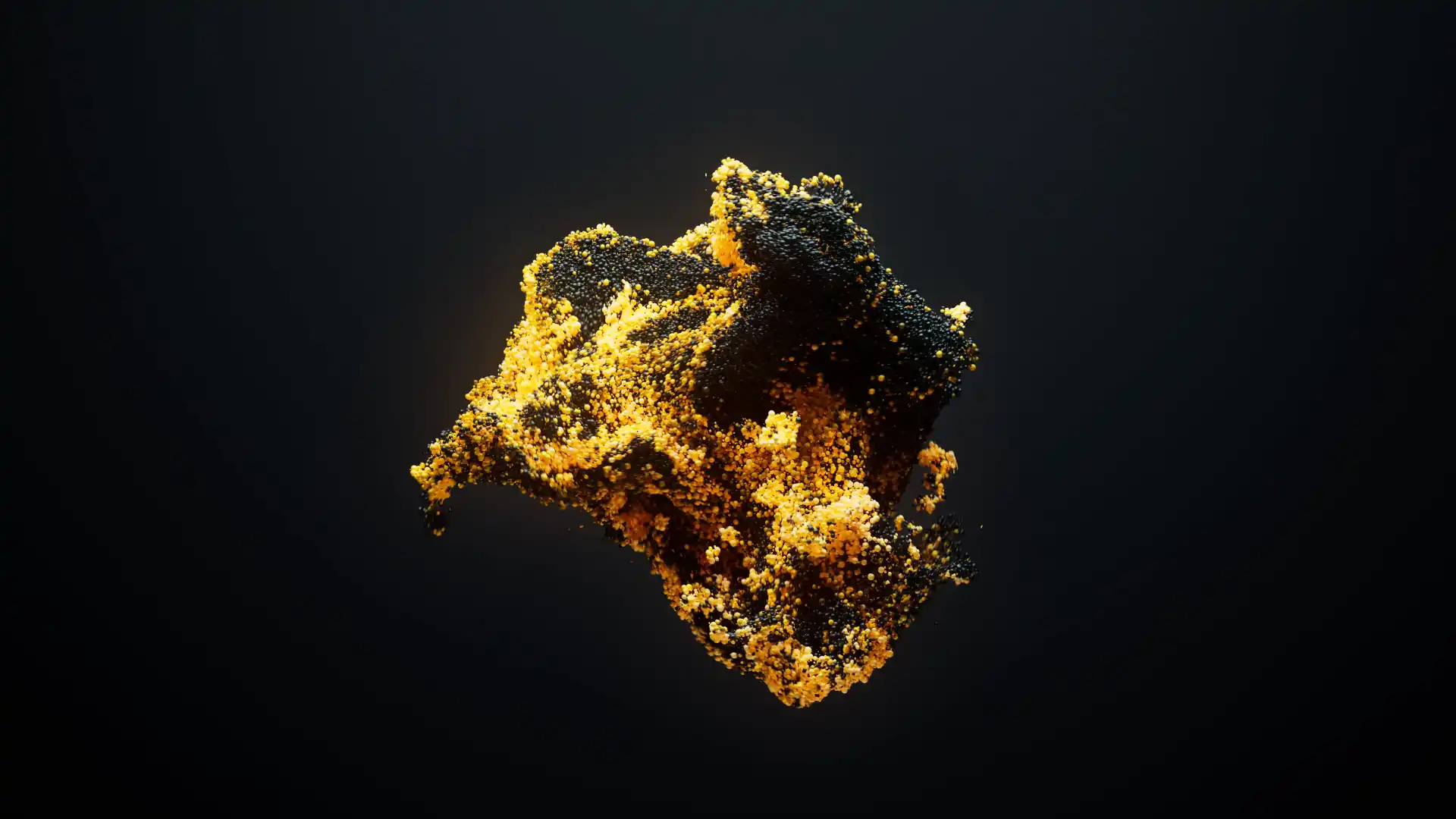Animated depiction of sand particles exploding in black and yellow hues against a dark background.