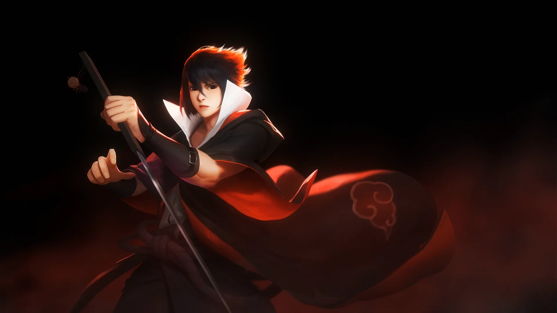 Animated depiction of Sasuke Uchiha activating his Mangekyou Sharingan, with intense red energy effects.