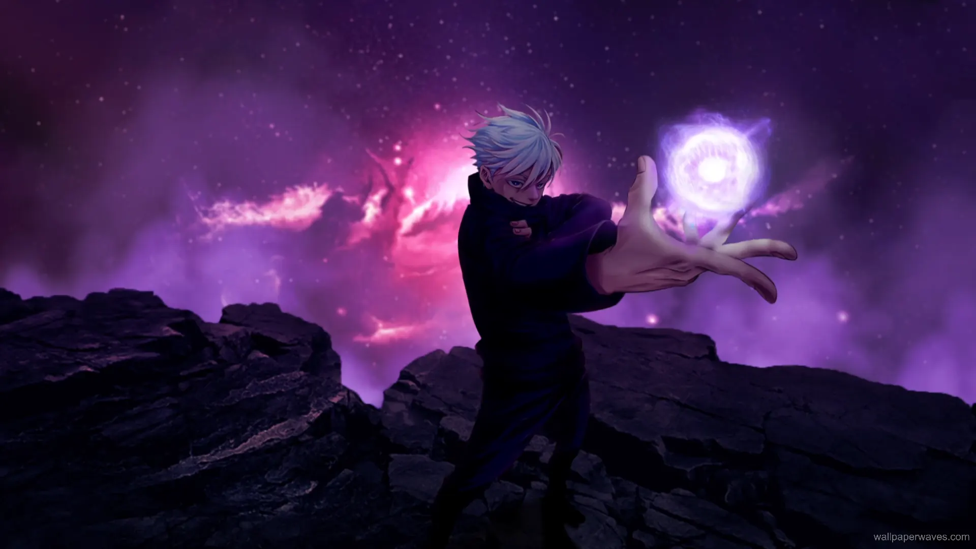 Animated depiction of Satoru Gojo from Jujutsu Kaisen performing his Hollow Purple technique, surrounded by swirling purple energy.