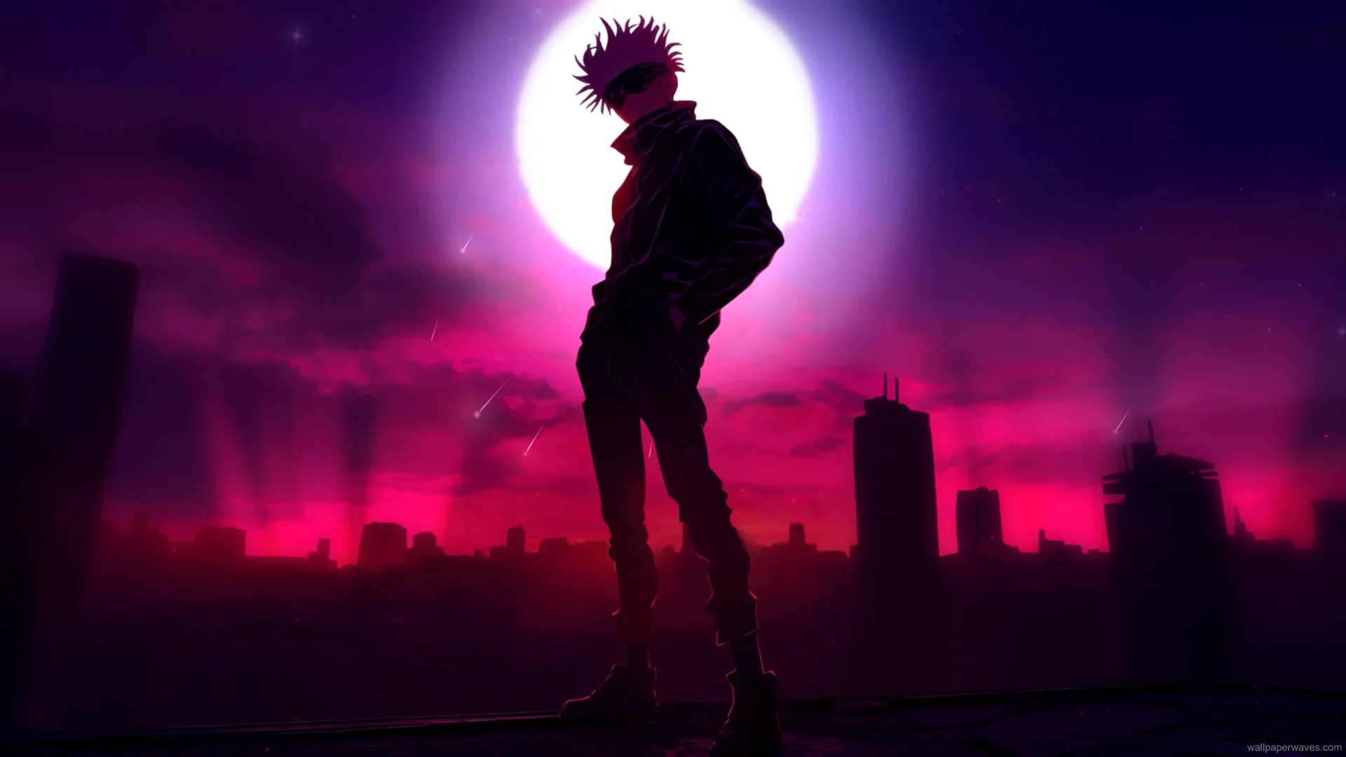 Satoru Gojo standing on a city rooftop under a glowing full moon, his blindfold fluttering as stars shimmer around him, Jujutsu Kaisen live wallpaper