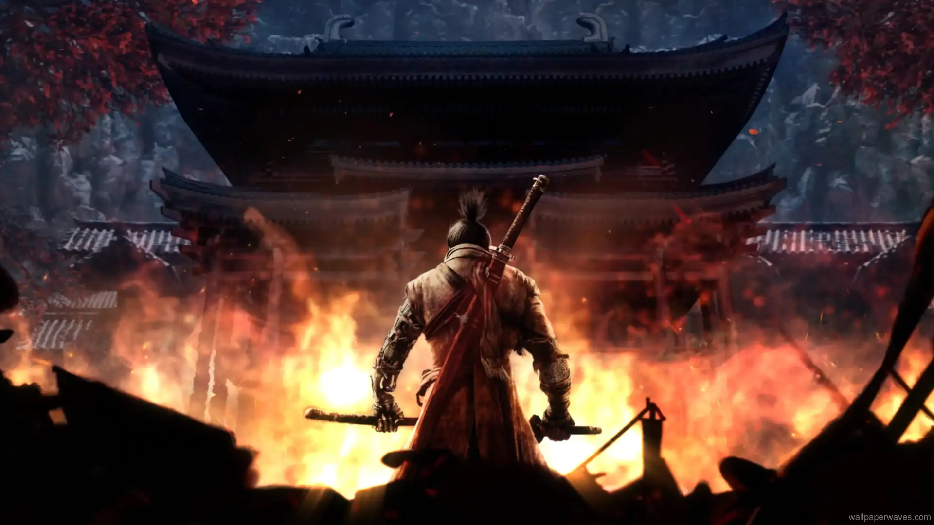 Animated depiction of Wolf from Sekiro: Shadows Die Twice standing amidst flames, capturing the game's intense atmosphere.
