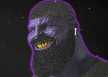Thanos standing with the Infinity Gauntlet, cosmic background swirling, exuding stoic dominance, meme-inspired live wallpaper