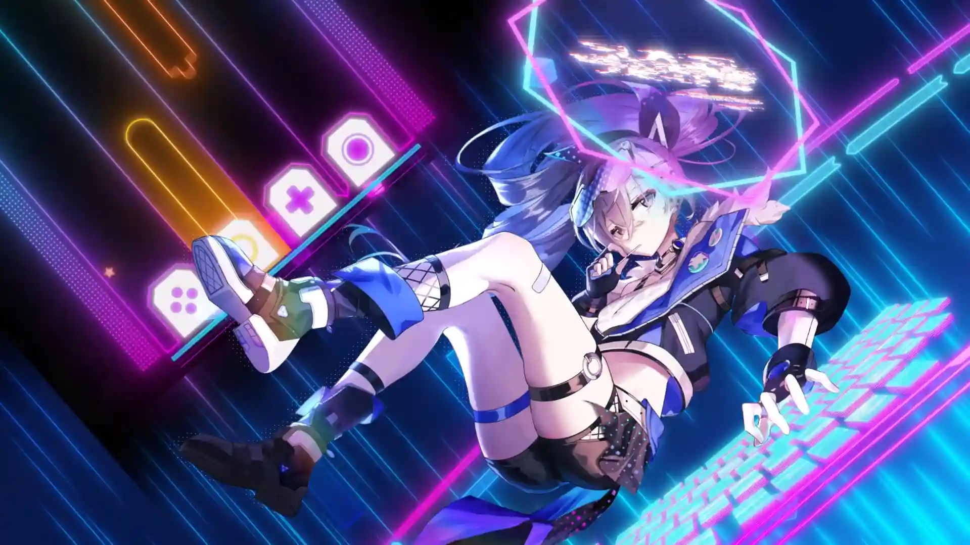 Animated depiction of Silver Wolf from Honkai: Star Rail standing in a neon-lit digital landscape with glowing holograms and hacker-themed effects.
