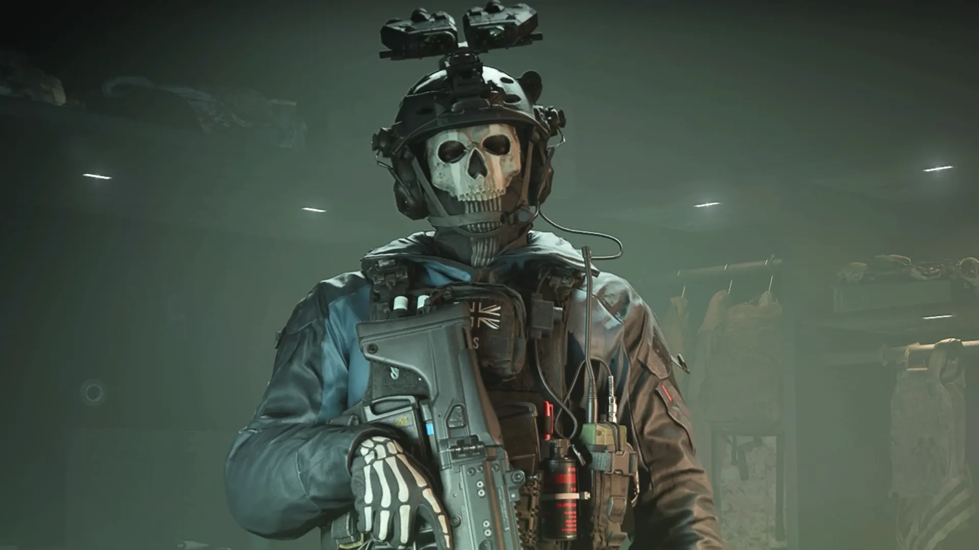 Animated depiction of Simon "Ghost" Riley from Call of Duty: Modern Warfare II, featuring his iconic skull mask and tactical gear in a moody, action-oriented setting.