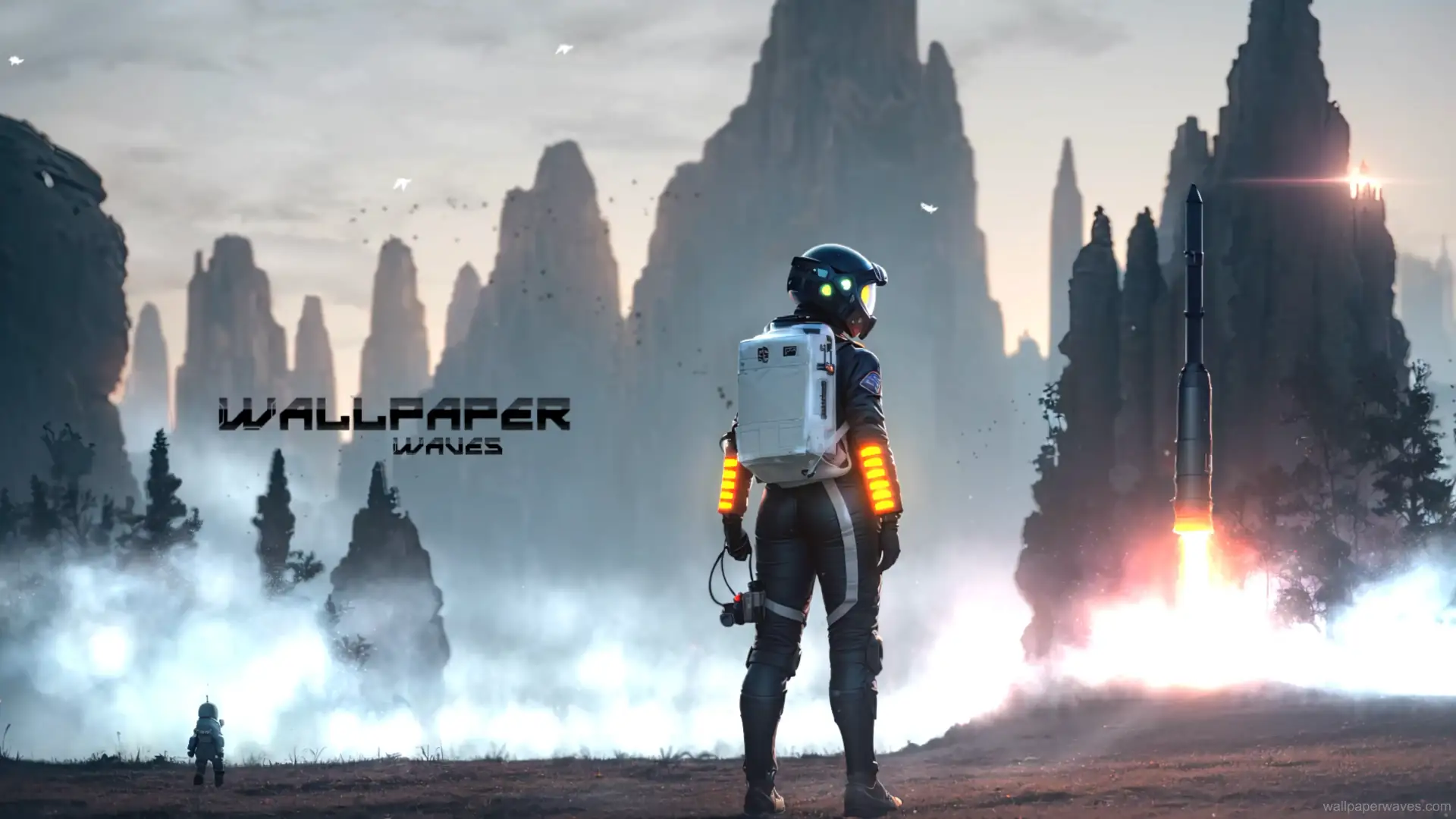 Animated astronaut watching a rocket launch on an alien landscape.