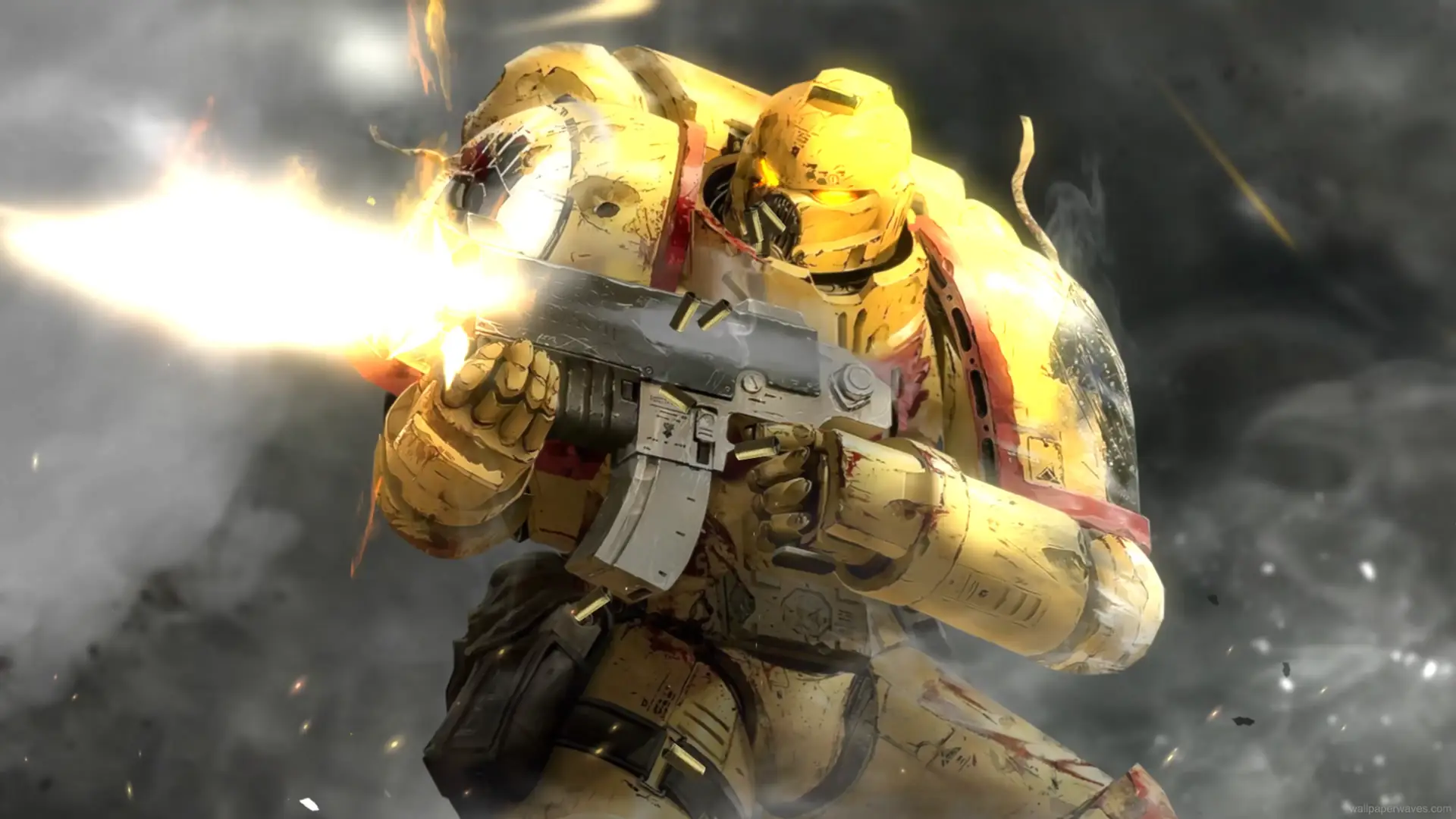 Space Marine in power armor standing on a war-torn battlefield with embers drifting through the air, live wallpaper