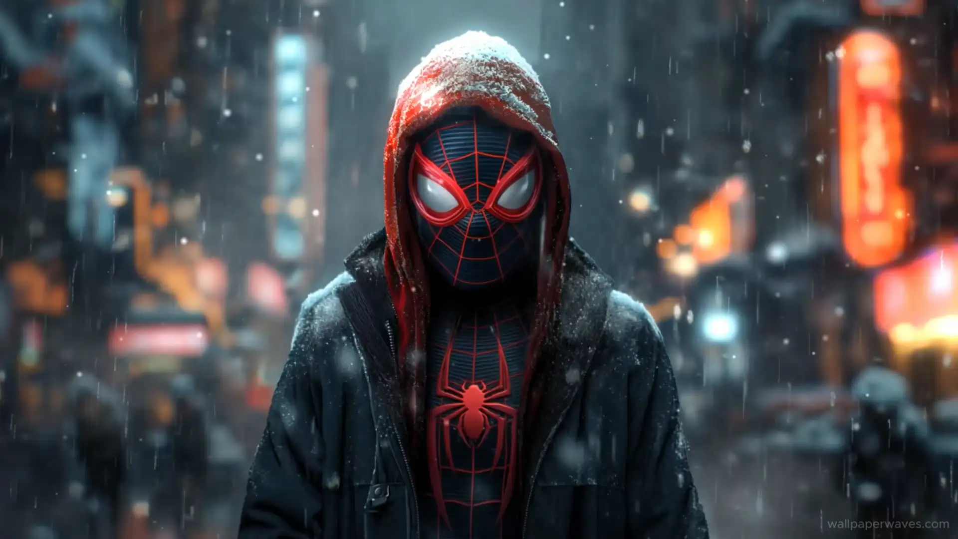 Animated Miles Morales standing alone on a snowy city street at night.