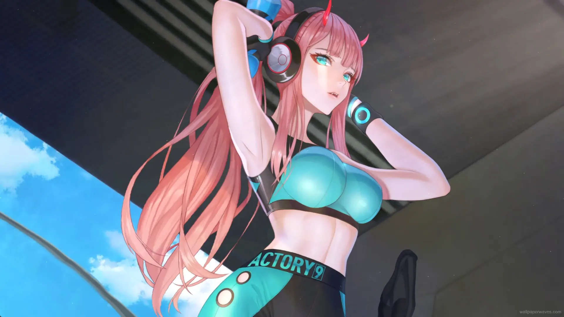 Zero Two from Darling in the Franxx in sporty attire, exuding confidence and energy.